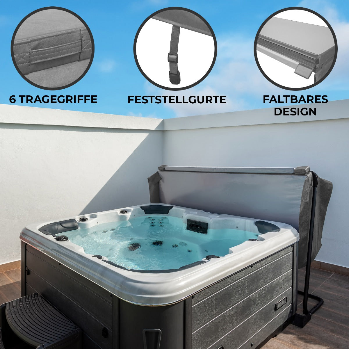 Grau gefärbte Whirlpool-Abdeckung mit 6 Traggriffen, faltbarem Design und stabilen Gurten, passend für 2,1m Whirlpools, auf Holzterrasse platziert