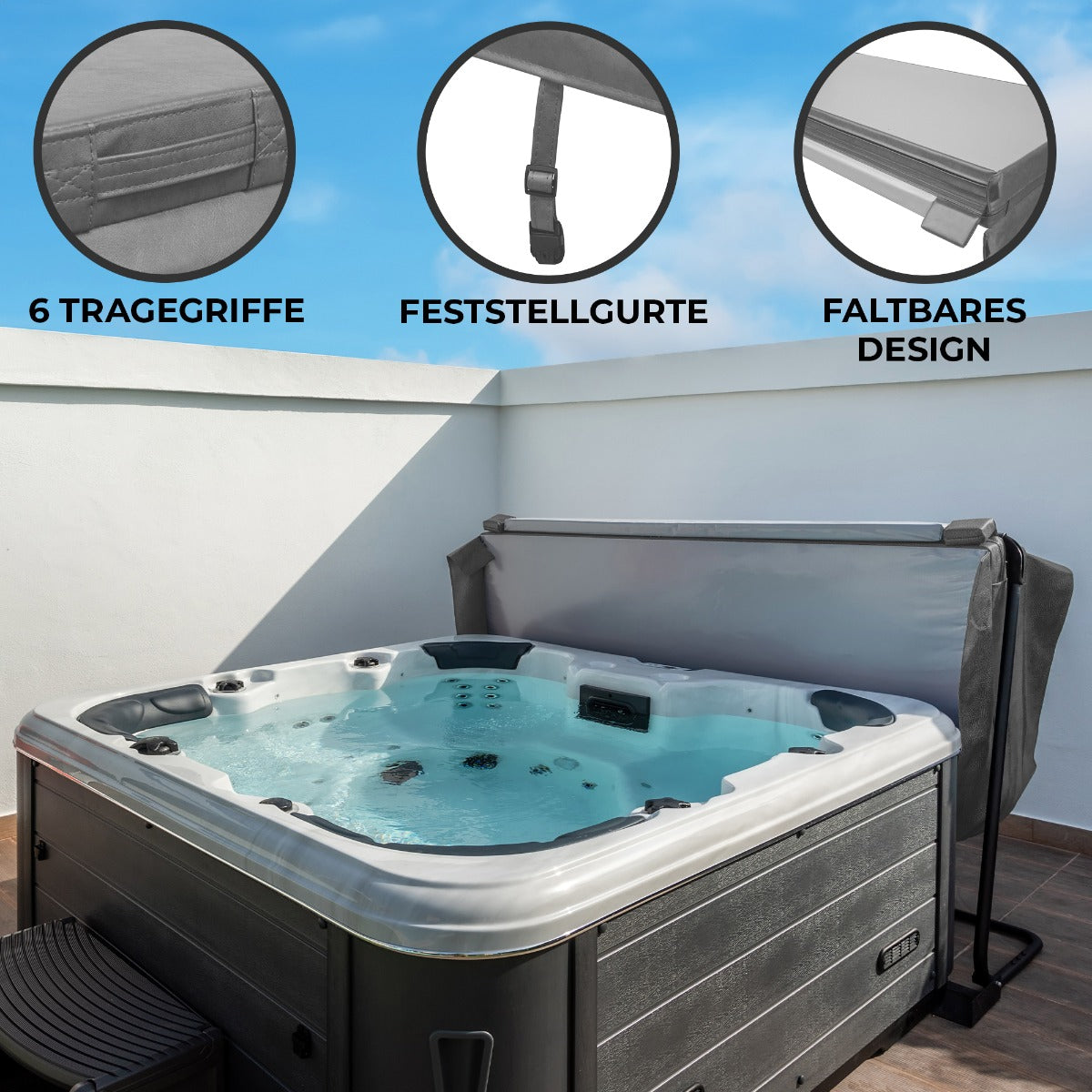 Grau gefütterte Whirlpoolabdeckung mit 6 Traggriffen, verstellbarem Gurt und faltbarem Design, passend für 2,2 m Whirlpools, auf einer Terrasse platziert