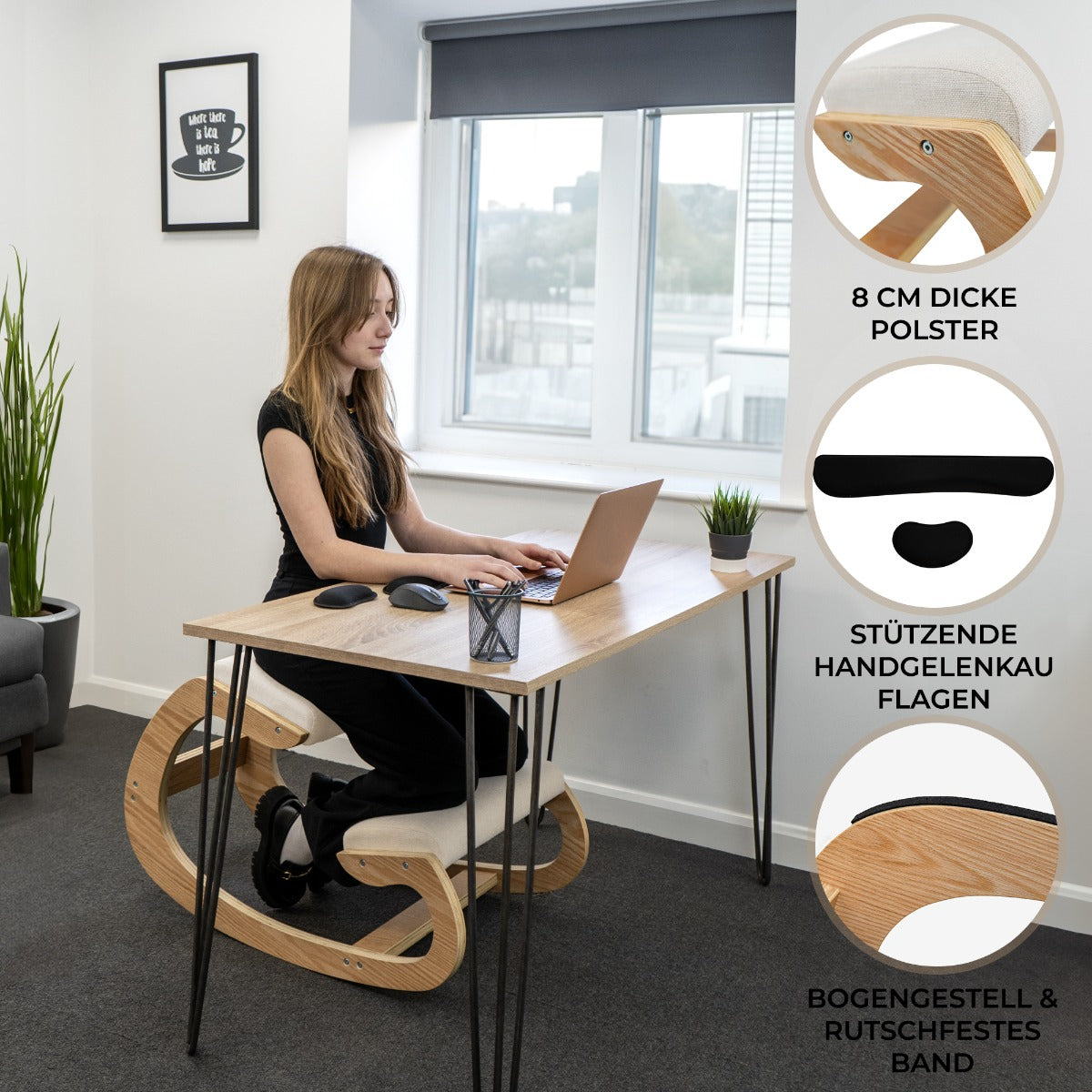 Ergonomischer Kniestuhl mit 8 cm dickem Polster, Holzgestell und rutschfestem Band, ideal für komfortables Arbeiten am Schreibtisch