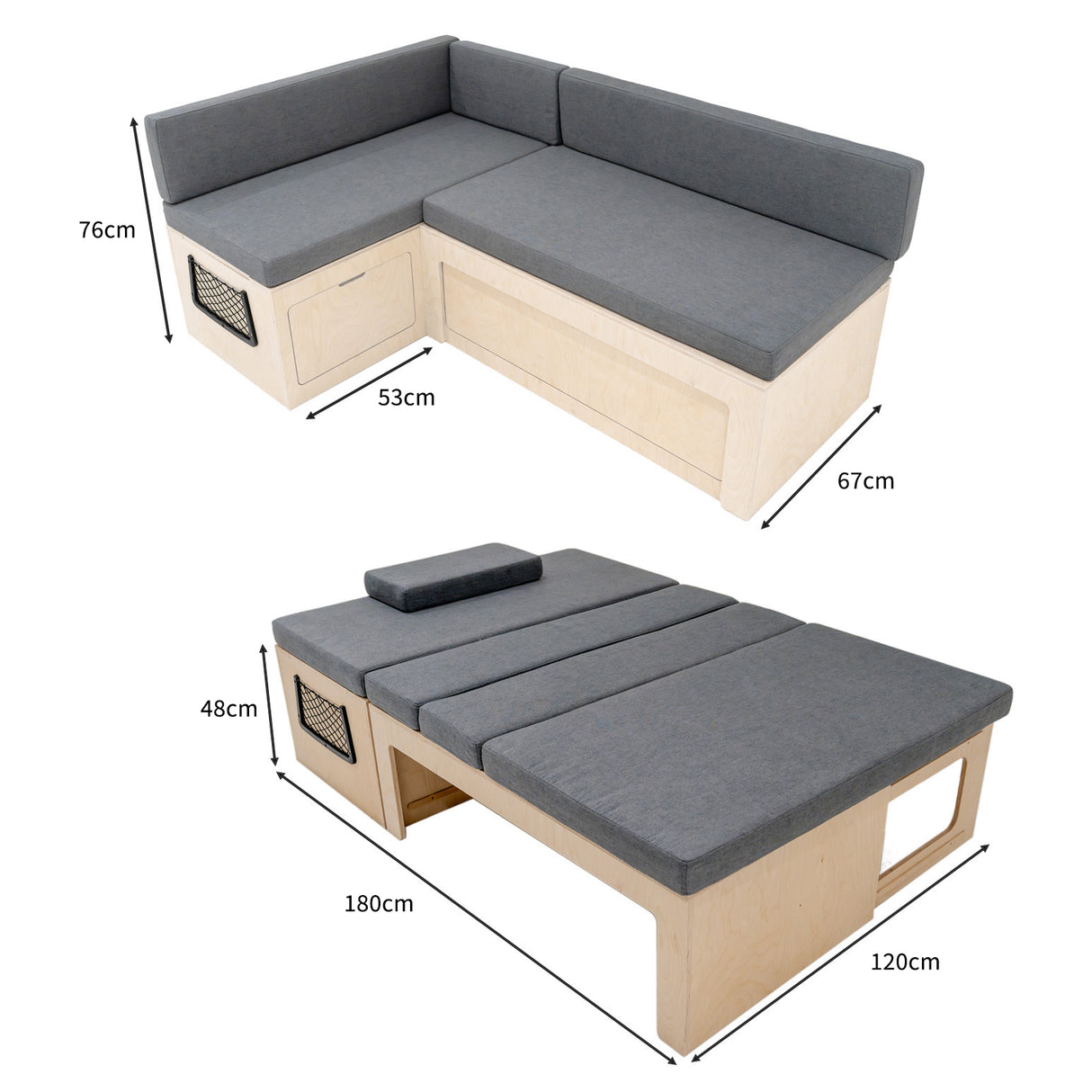 L-förmiges Bett für Wohnmobile mit grauen Kissen, Stauraum unter der Sitzfläche, modernes Design, vielseitig als Sofa oder Bett nutzbar, Maße 180 x 120 cm