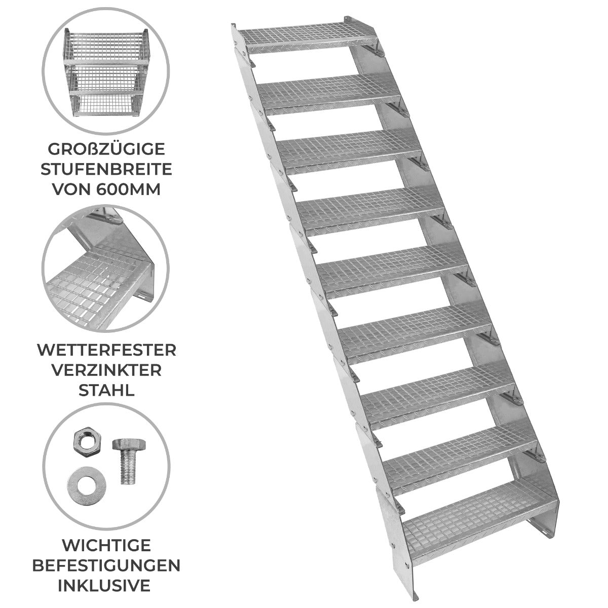 Verstellbare Neunteilige Verzinkter Stahl Treppe – 600mm breit