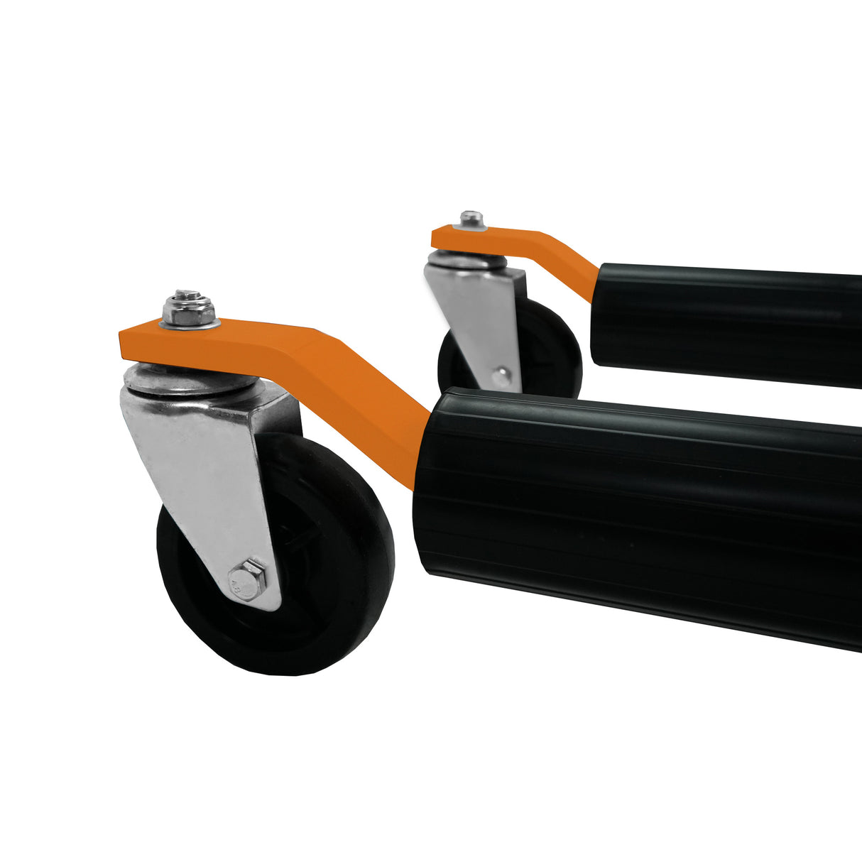 Hydraulischer Positionierungsschlitten mit schwarzen Rollen und orangefarbenen Griffen, ideal für präzise Bewegungen und stabile Unterstützung