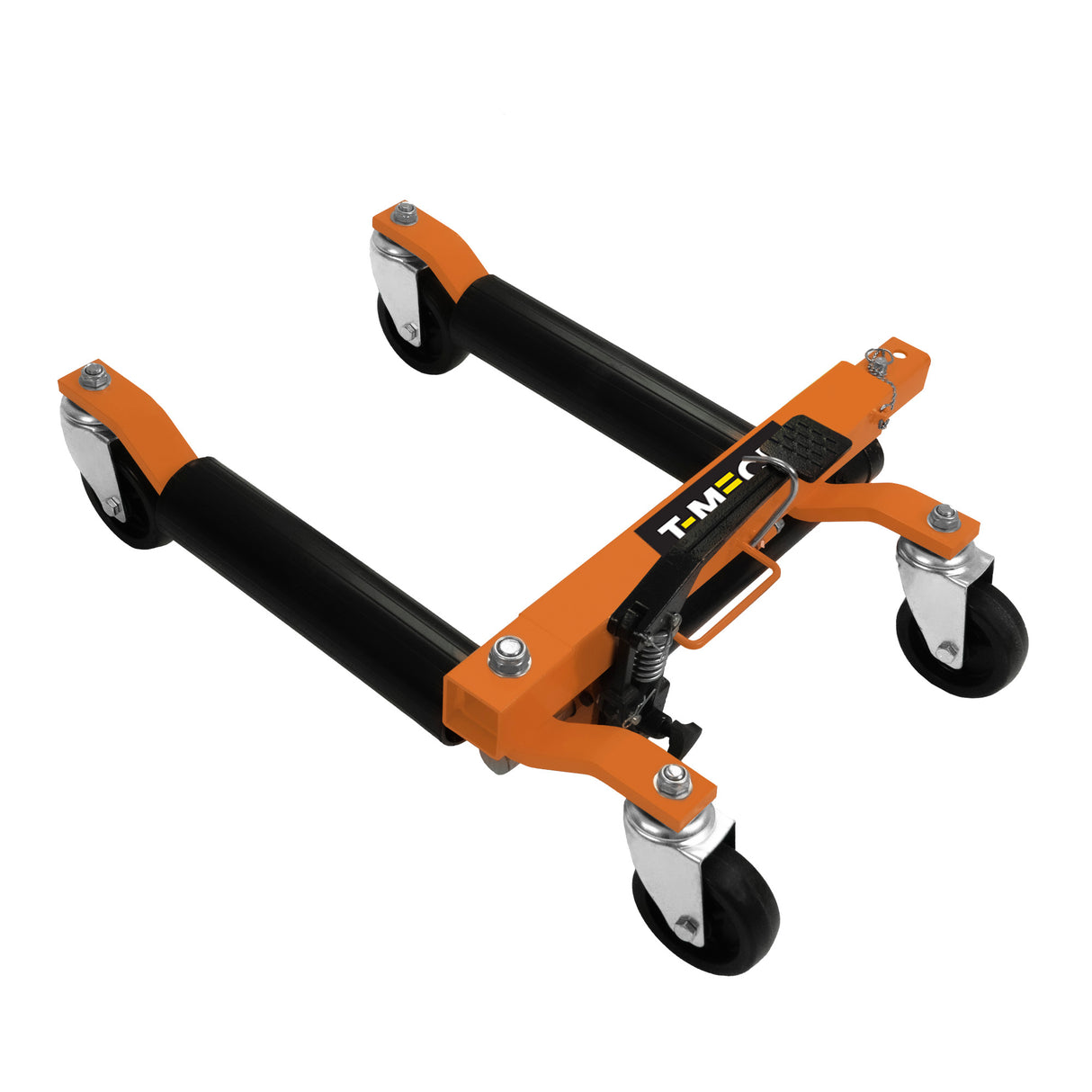 Hydraulischer Positionierungsschlitten mit orangefarbenem Rahmen, schwarzen Rollen und stabiler Konstruktion für präzise Bewegungen in Werkstätten