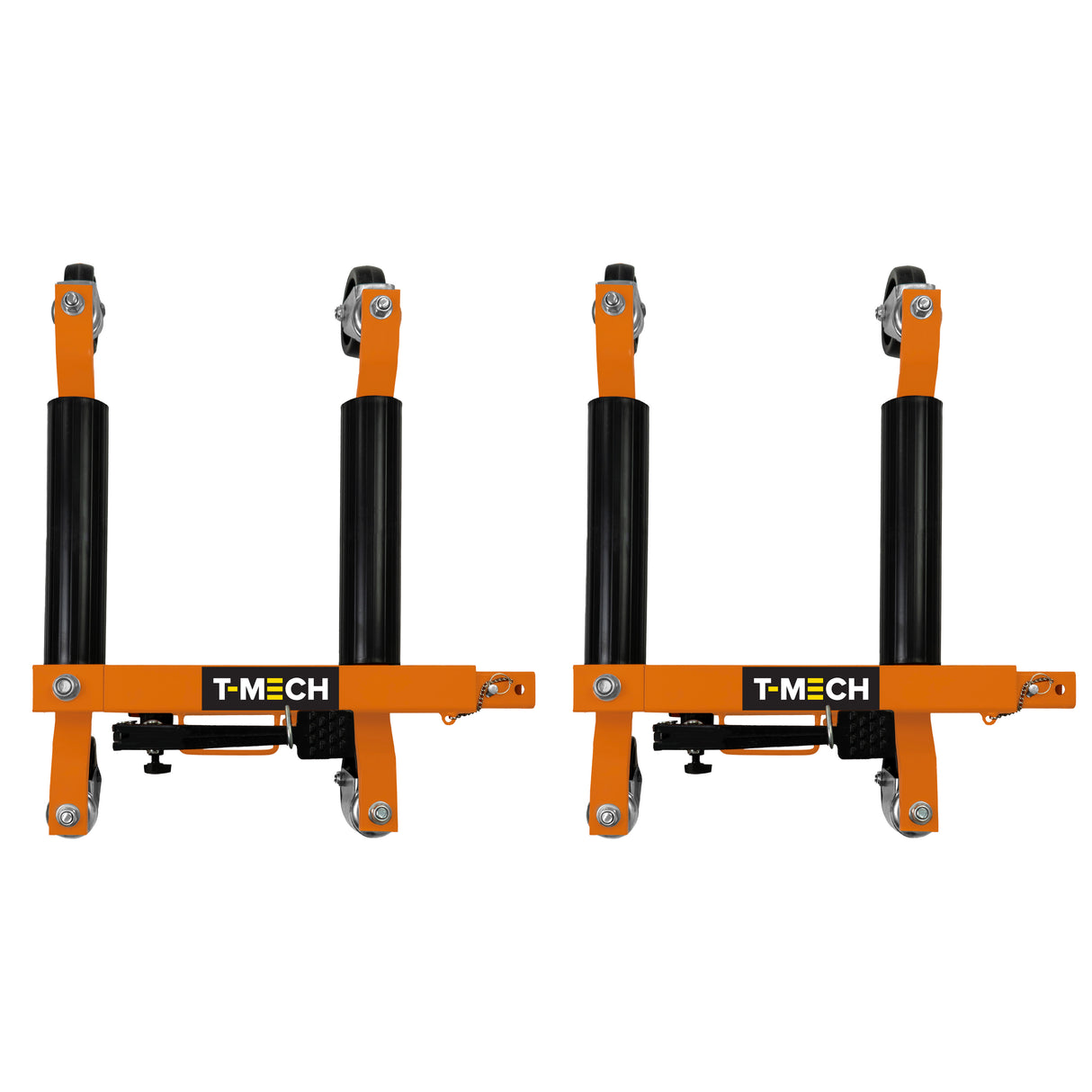 Hydraulische Positionierungsschlitten in orange und schwarz, mit robusten Rollen und verstellbaren Zylindern für präzise Bewegungen und Stabilität