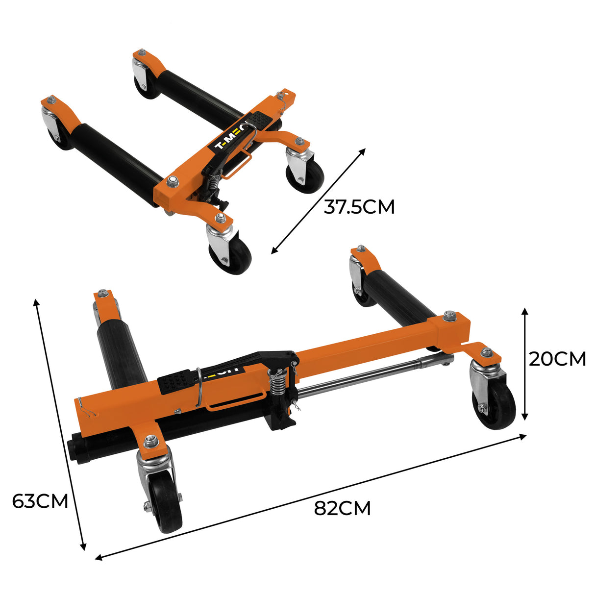 Hydraulischer Positionierungsschlitten in Orange und Schwarz, mit stabilen Rollen, verstellbarer Länge von 63 cm bis 82 cm und einer Höhe von 20 cm bis 37,5 cm