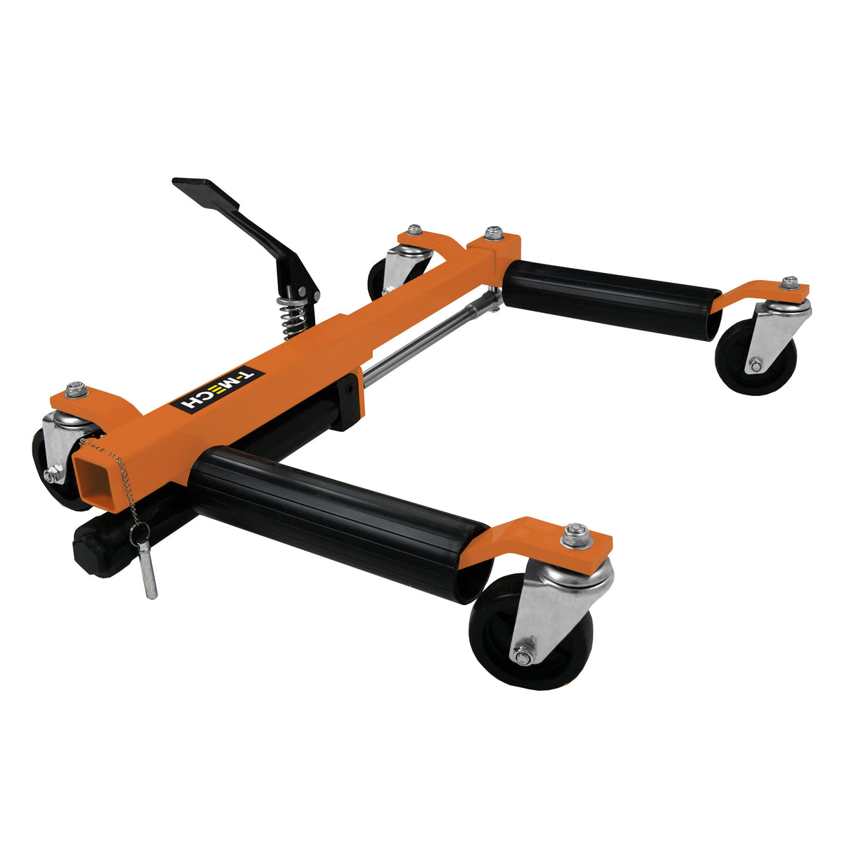 Hydraulischer Positionierungsschlitten in leuchtendem Orange mit robusten Gummirädern, verstellbaren Rollen und einem stabilen Rahmen für präzise Bewegungen