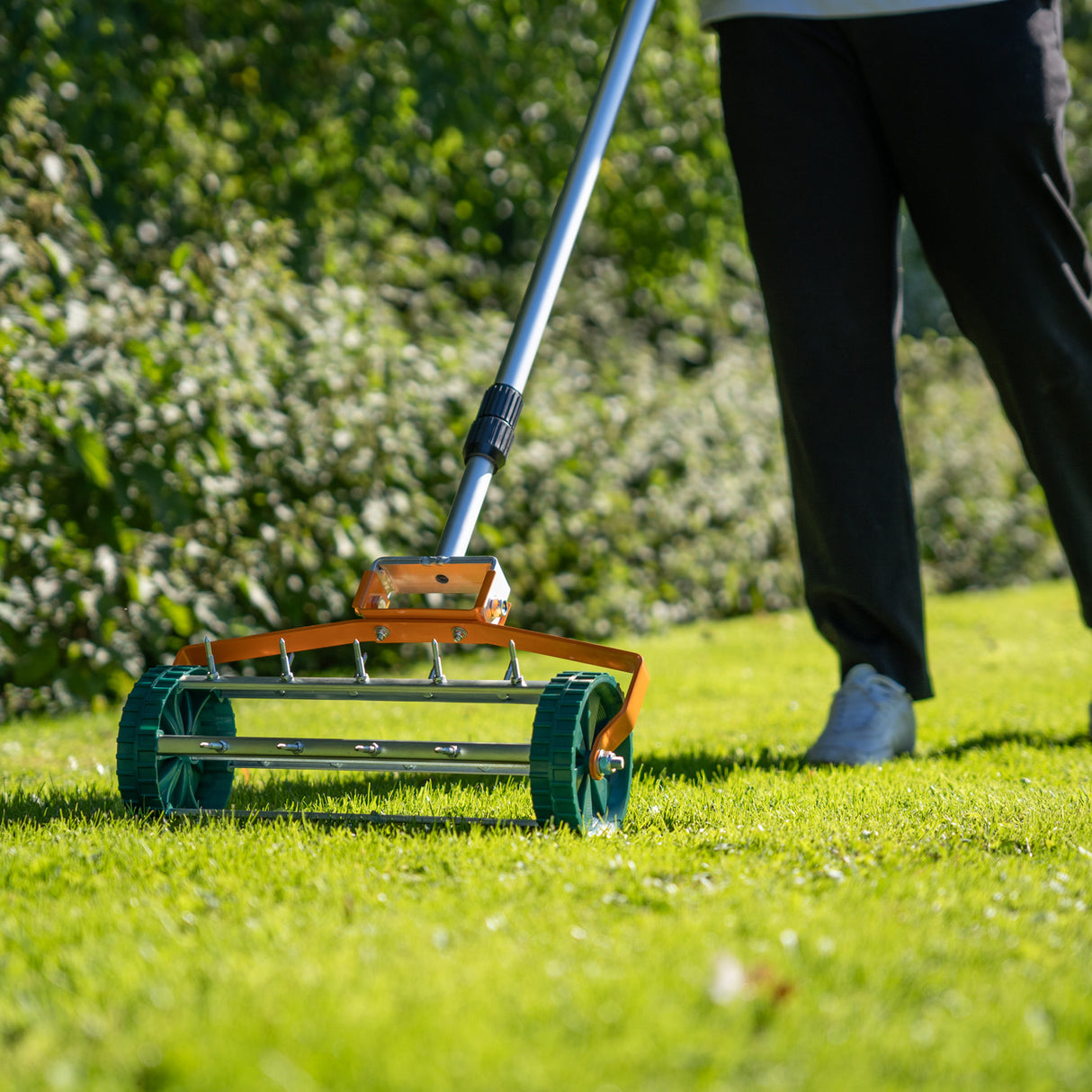 Rasenrakel in leuchtendem Orange mit breiter, rollender Bürste, ideal zum Lüften von Rasenflächen, auf grünem Gras im Hintergrund