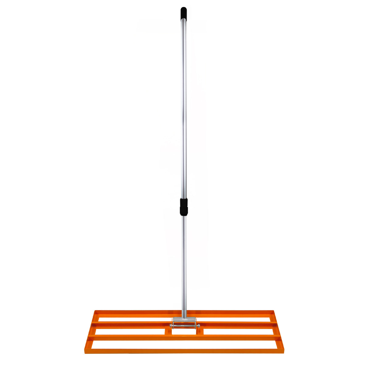 Rasenrakel in leuchtendem Orange mit einem stabilen Aluminiumgriff und einer breiten, strukturierten Arbeitsfläche für effizientes Rasenlüften