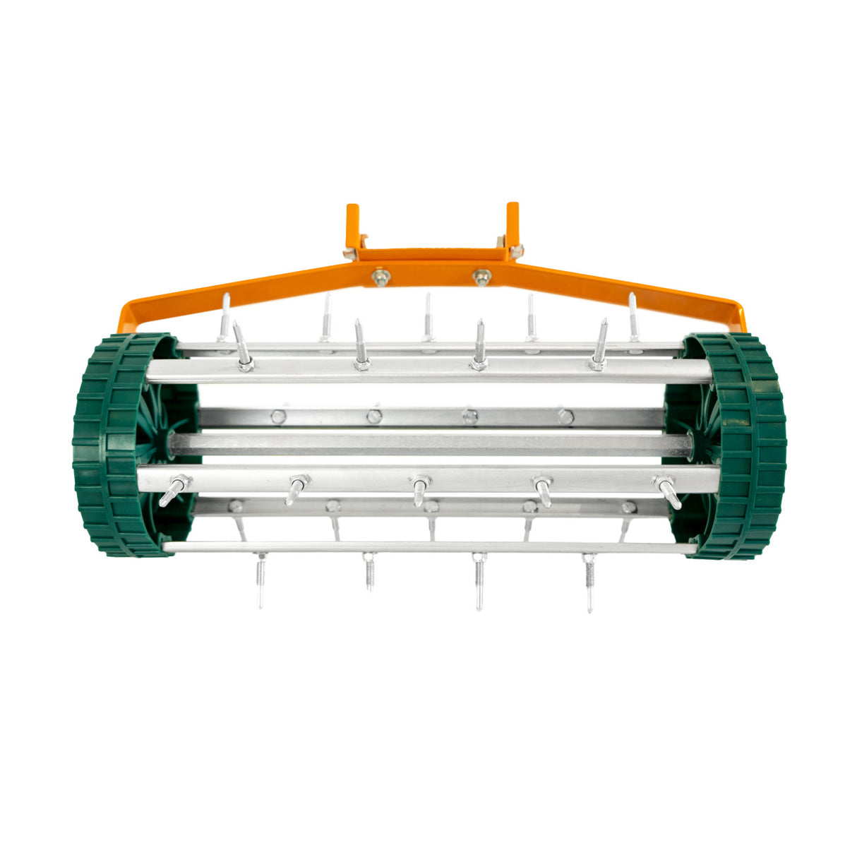Grüner T-Mech Rasenrakel mit 100 cm Breite, rollender Rasenlüfter aus robustem Metall, mit spitzen Zinken zur Belüftung des Rasens