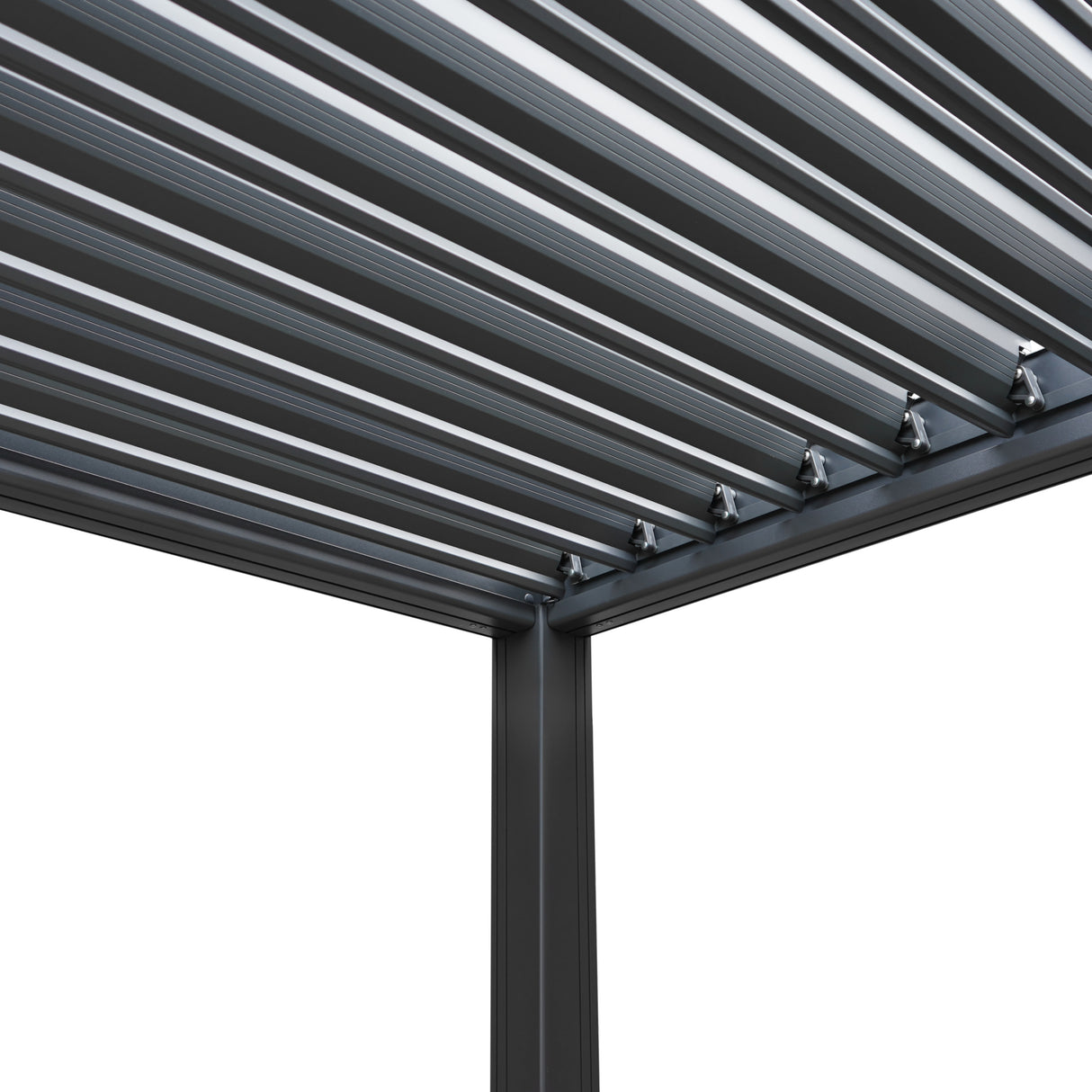 Anthrazitfarbene Aluminium-Pergola mit LED-Beleuchtung, 3 m x 3 m, zeigt die strukturelle Detailansicht der stabilen, modernen Bauweise