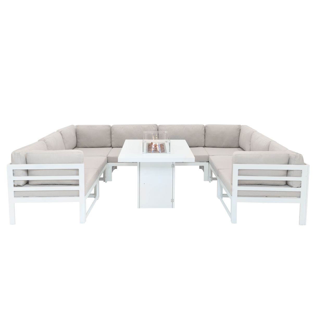 Aluminium 9-teiliges Modulares Gartenmöbelset mit Feuerstelle - Weiß