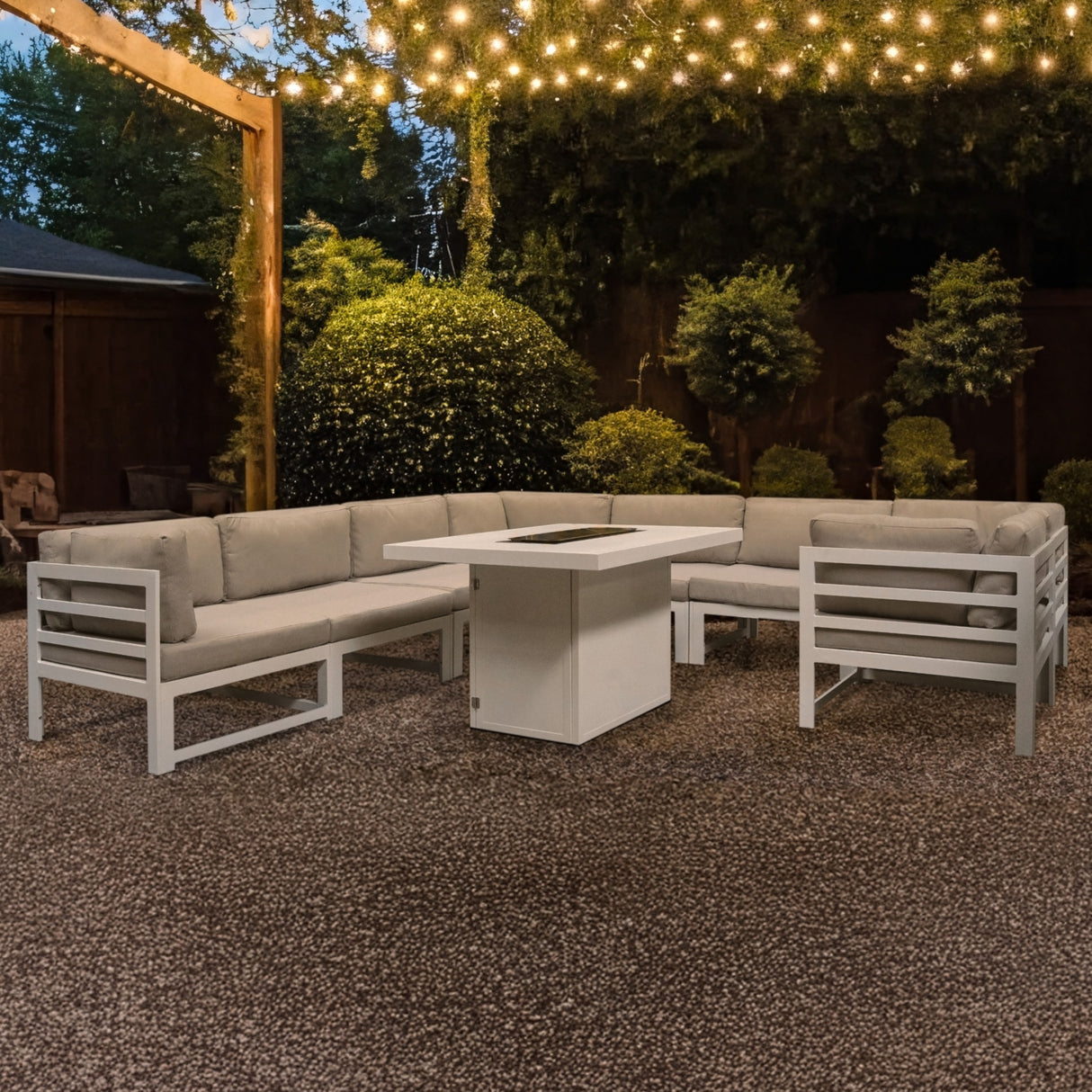 Aluminium 9-teiliges Modulares Gartenmöbelset mit Feuerstelle - Weiß