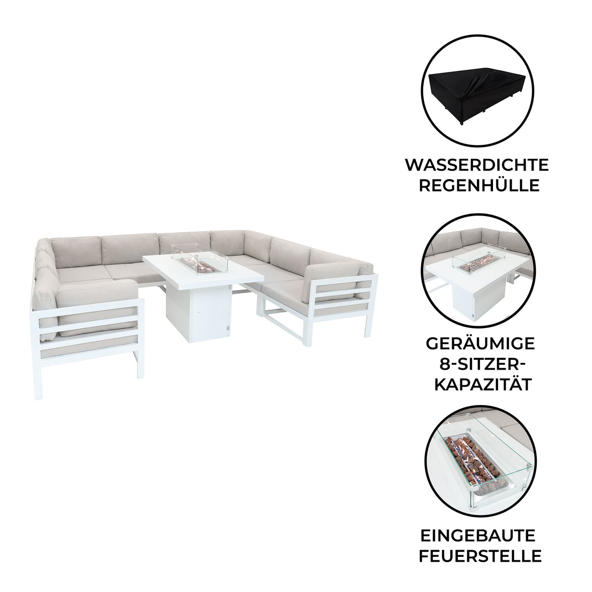 Aluminium 9-teiliges Modulares Gartenmöbelset mit Feuerstelle - Weiß