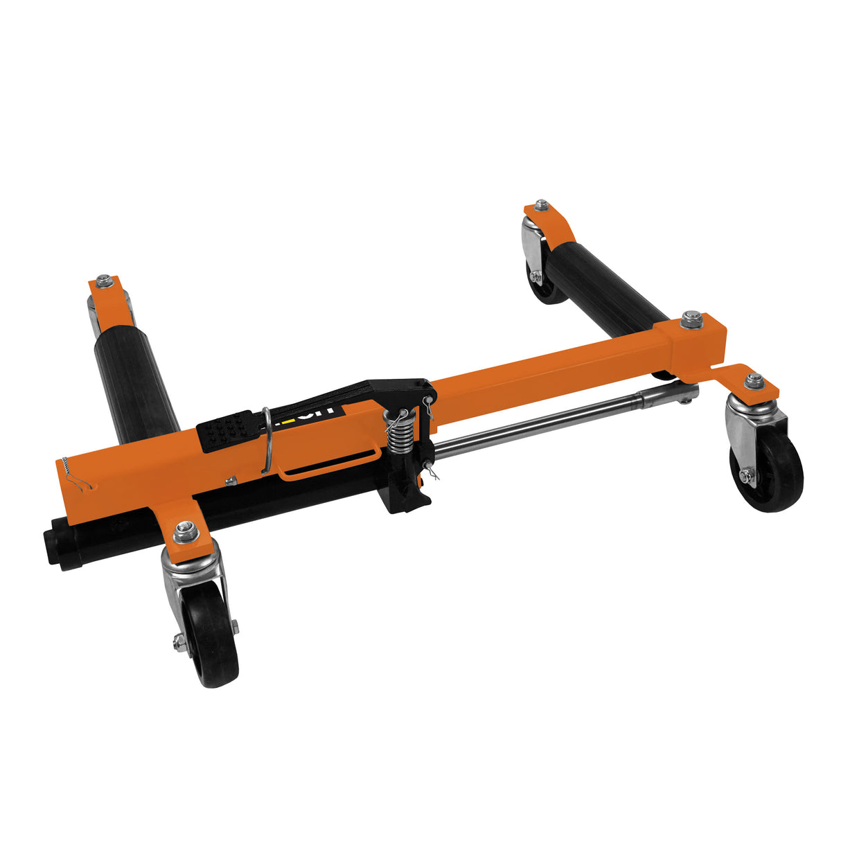 Hydraulischer Positionierungsschlitten in leuchtendem Orange mit robusten Gummirädern, verstellbaren Armen und stabiler Metallkonstruktion für präzise Bewegungen
