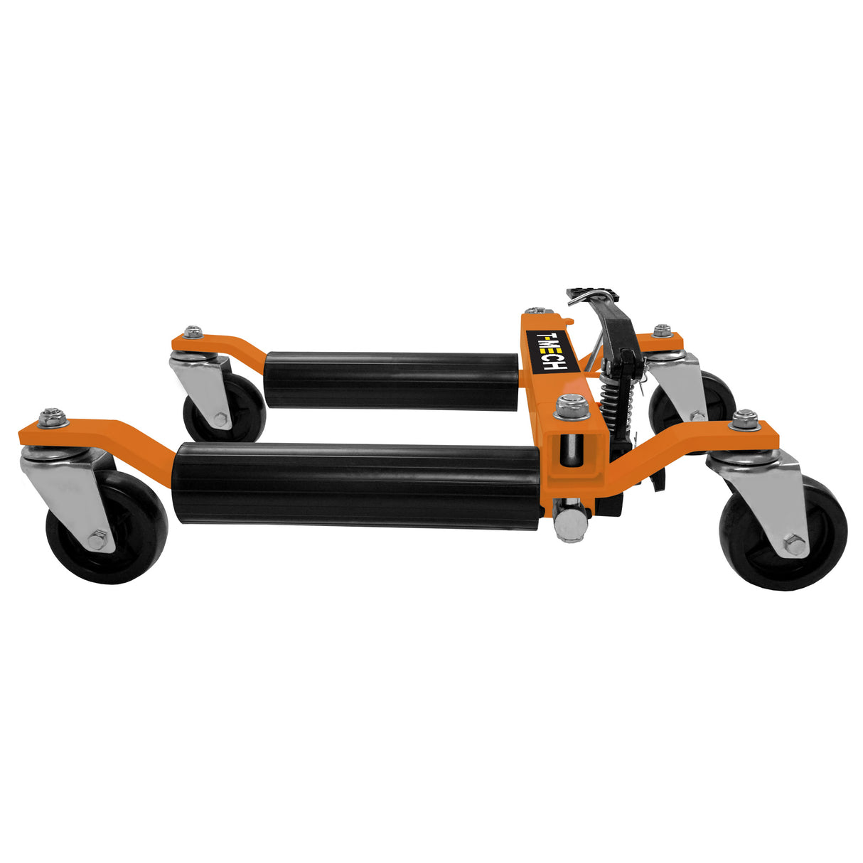 Hydraulischer Positionierungsschlitten in Orange und Schwarz mit stabilen Rollen, ideal für präzise Bewegungen und schwere Lasten