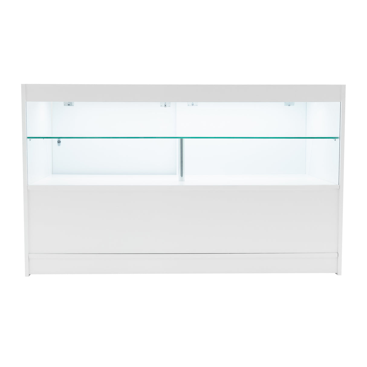 Moderne, weiße LED-Ladentheke mit gläsernen Regalen, ideal für die Präsentation von Produkten in Geschäften oder Ausstellungen