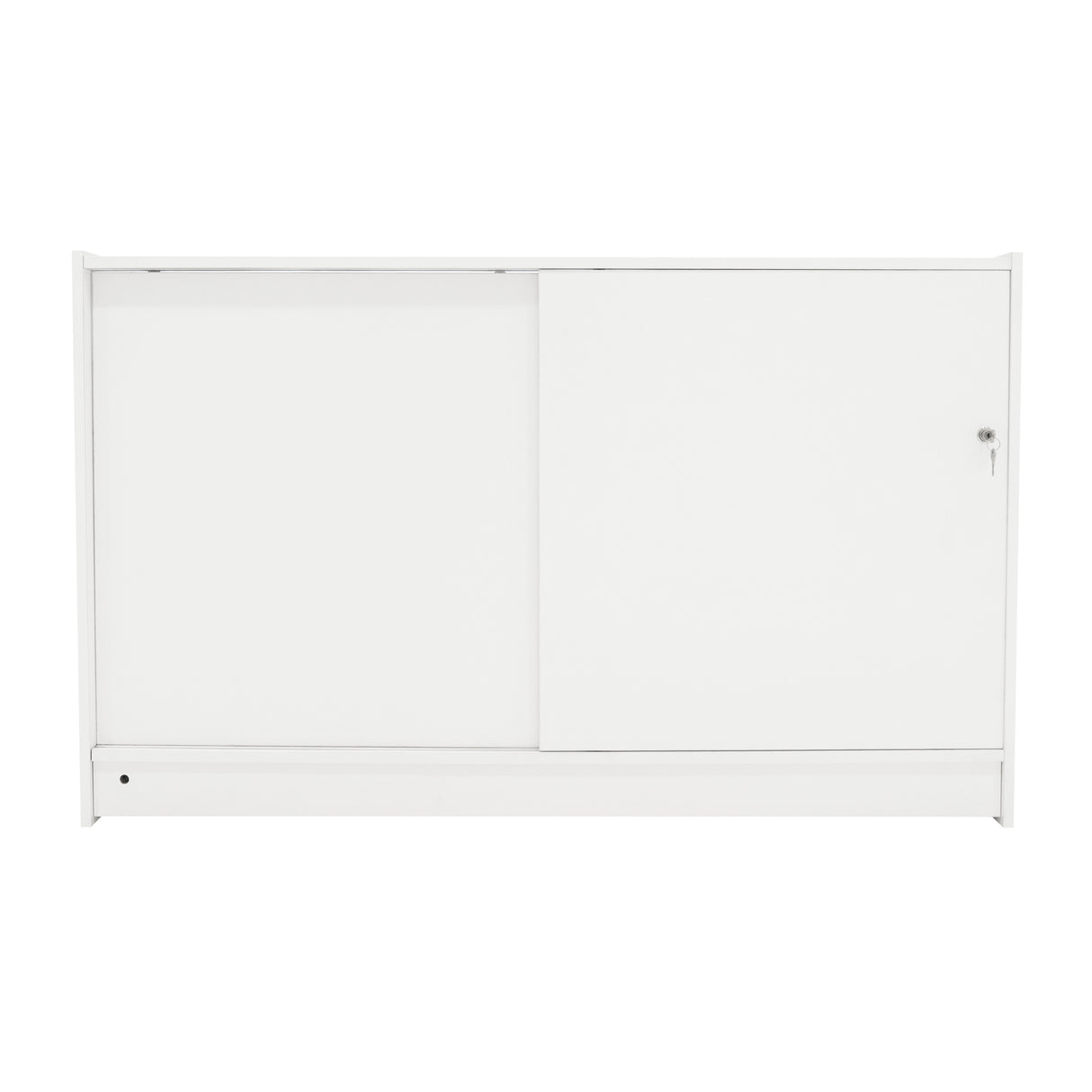 Moderne, weiße LED-Ladentheke mit glatter Oberfläche, zwei Schiebetüren und eleganter, minimalistischer Gestaltung für Verkaufsräume