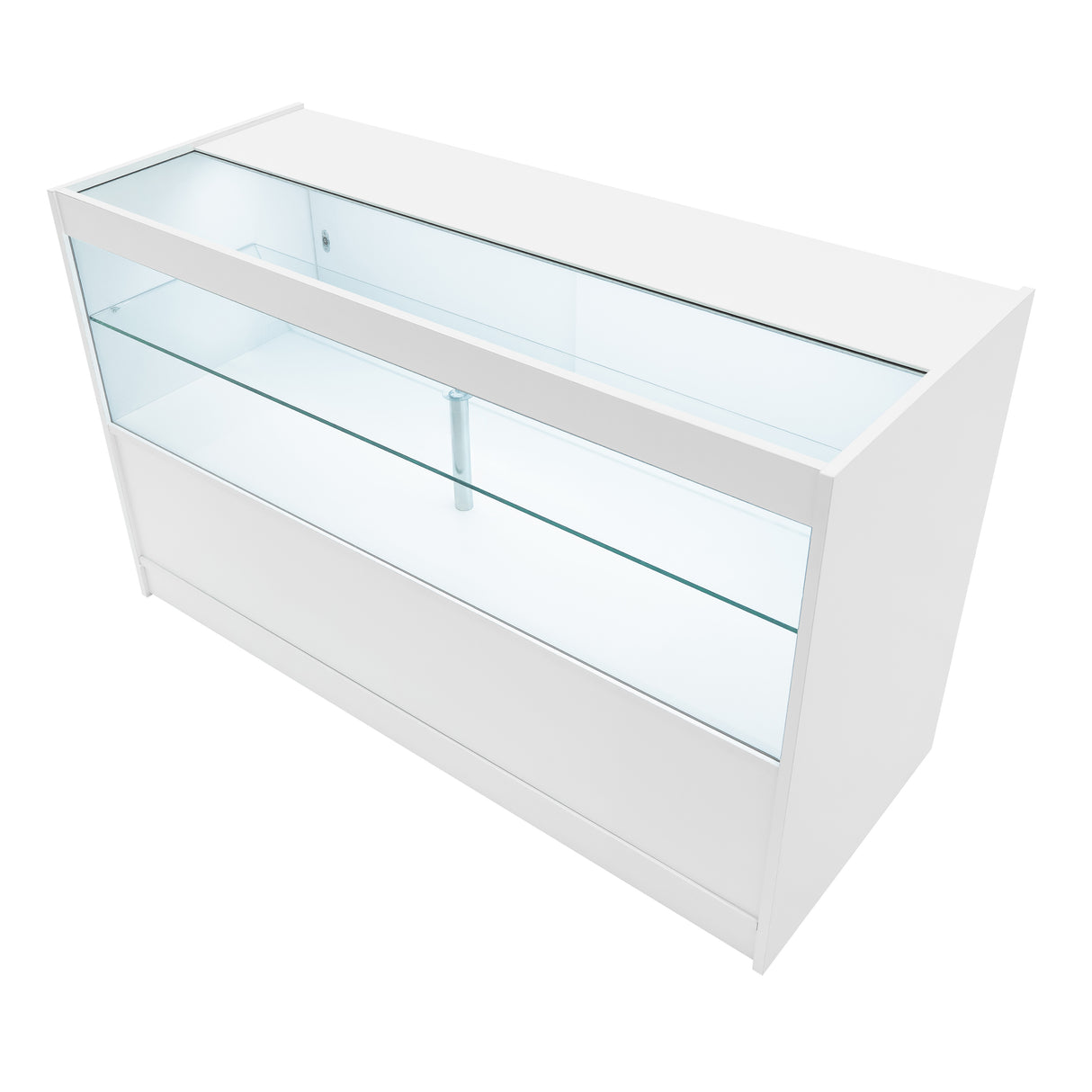 Moderne, weiße LED-Ladentheke mit gläsernen Regalen und klaren Linien, ideal für den Einzelhandel und zur Präsentation von Produkten