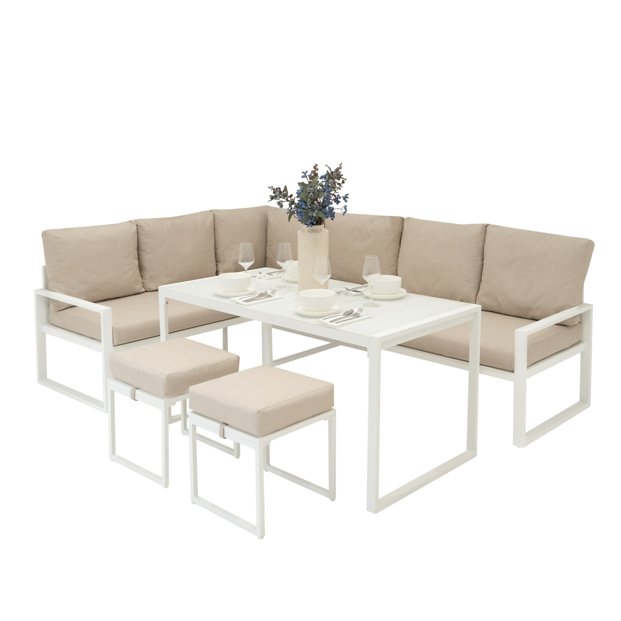 Aluminium 5-teiliges Ecksofa-Set mit schwarzer Rattan-Aufbewahrungsbox - Weiß