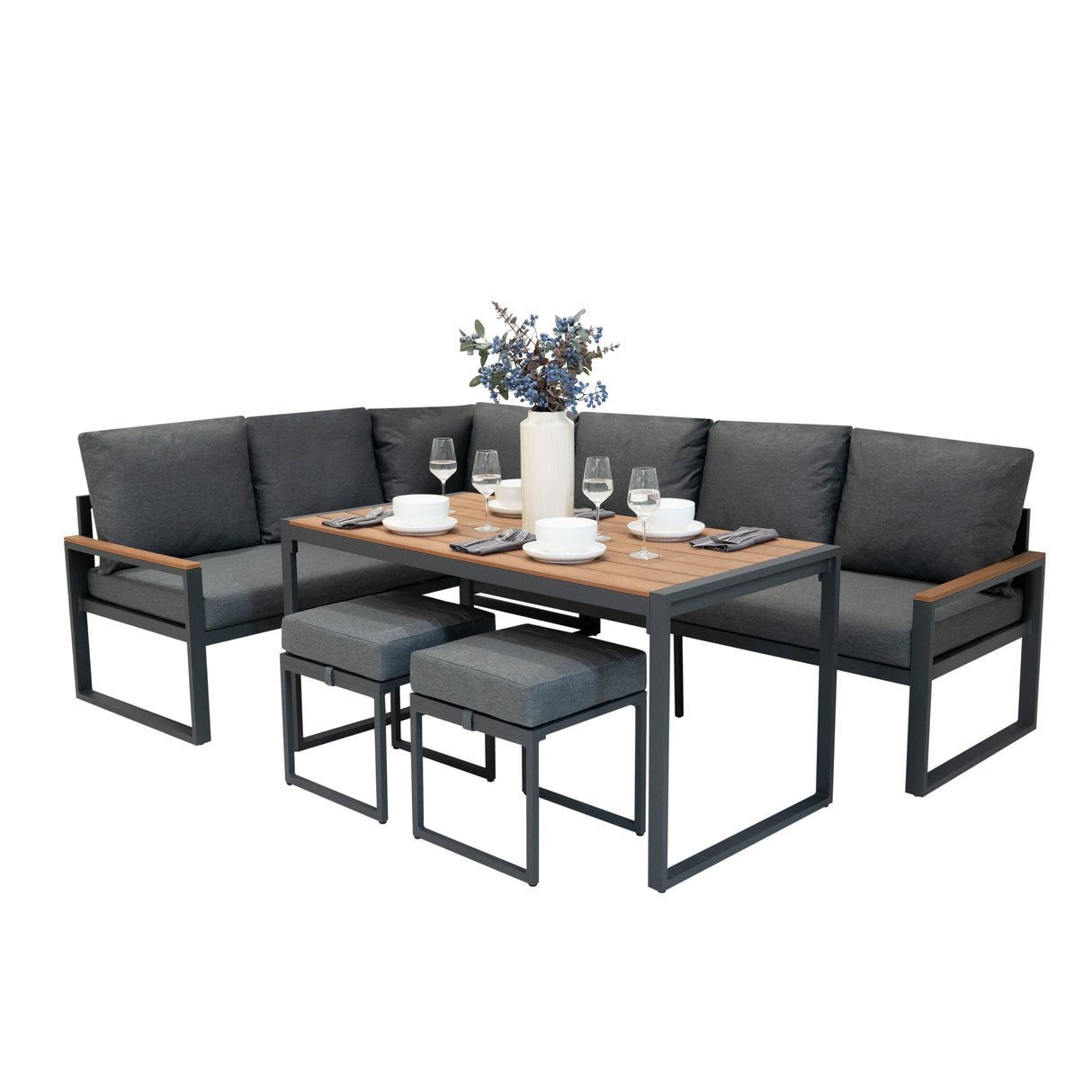 Aluminium 5-teiliges Ecksofa-Set mit schwarzer Rattan-Aufbewahrungsbox - Holz