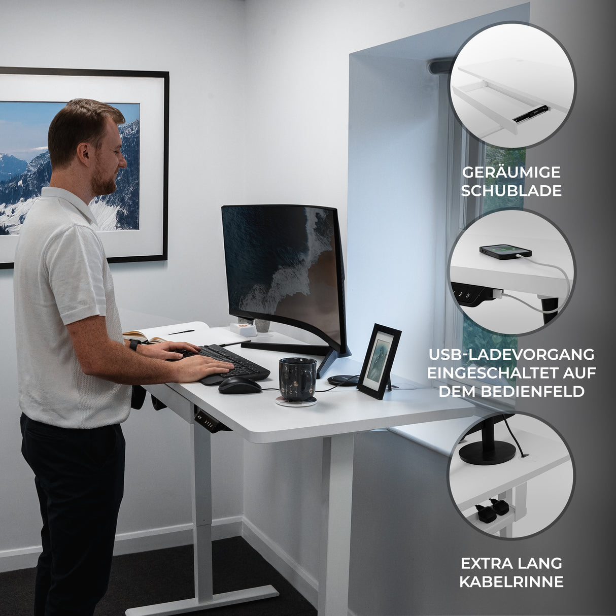 Elektrischer Stehschreibtisch mit Schublade – 120 cm x 60 cm