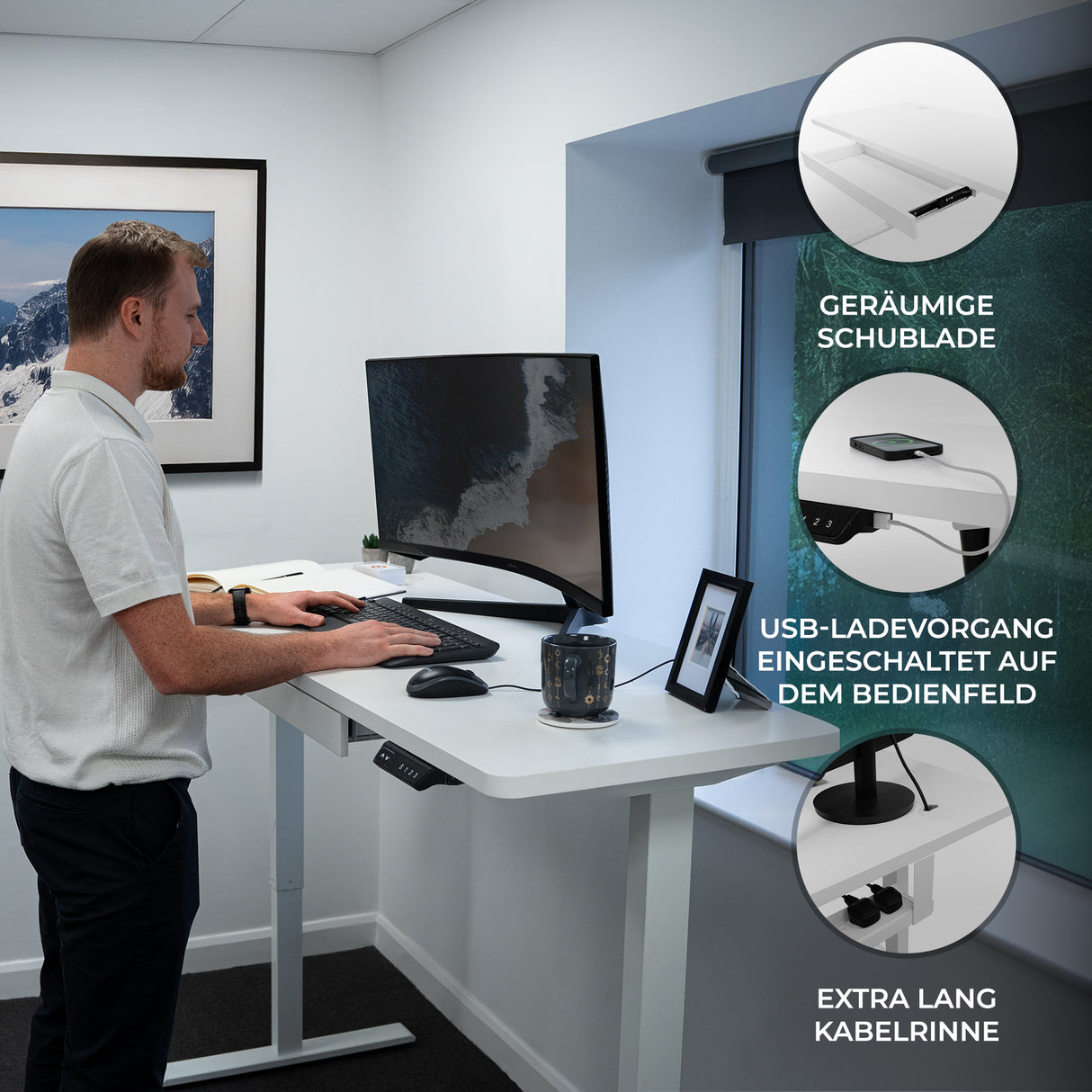 Elektrischer Stehschreibtisch mit Schublade – 160 cm x 60 cm