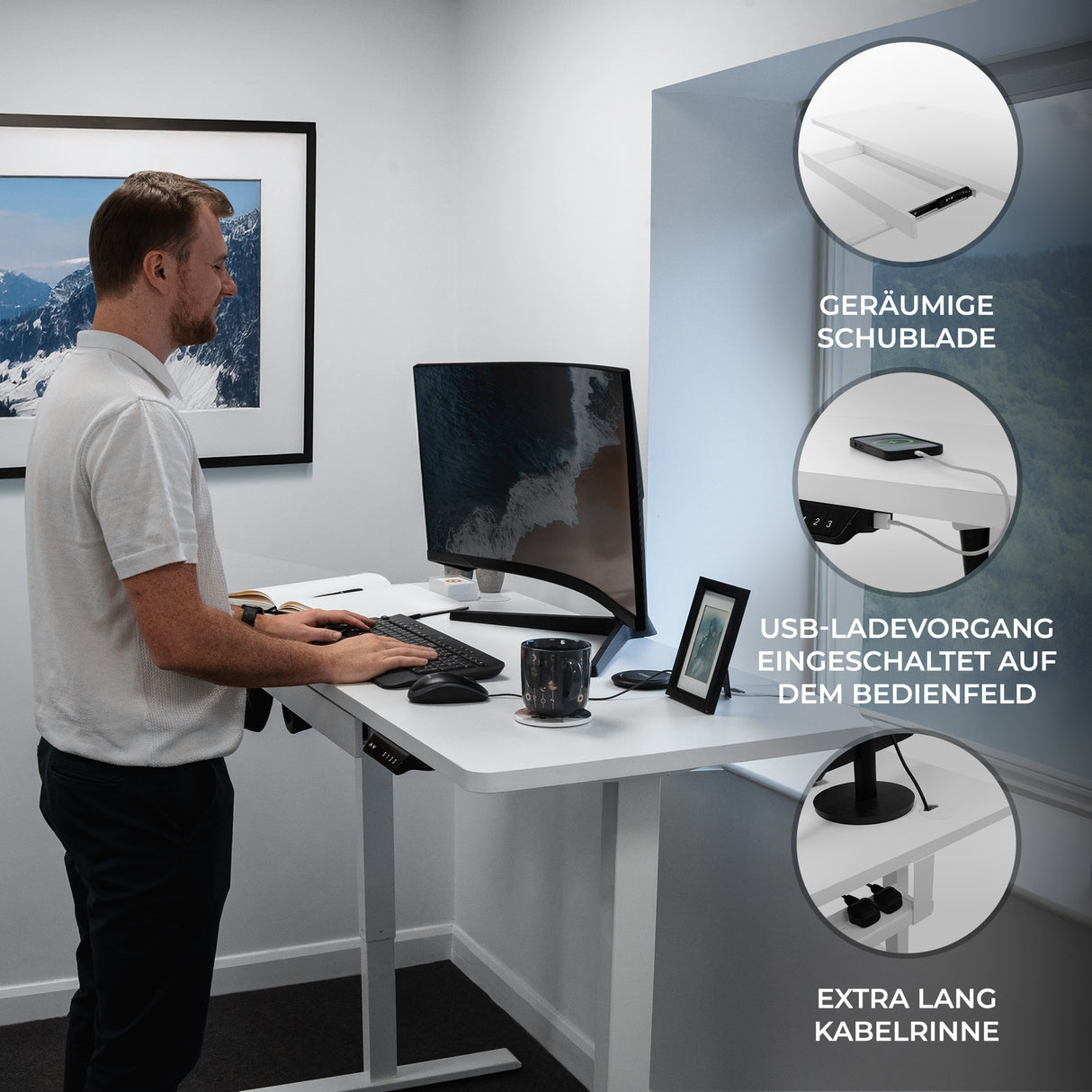 Elektrischer Stehschreibtisch mit Schublade – 140 cm x 60 cm