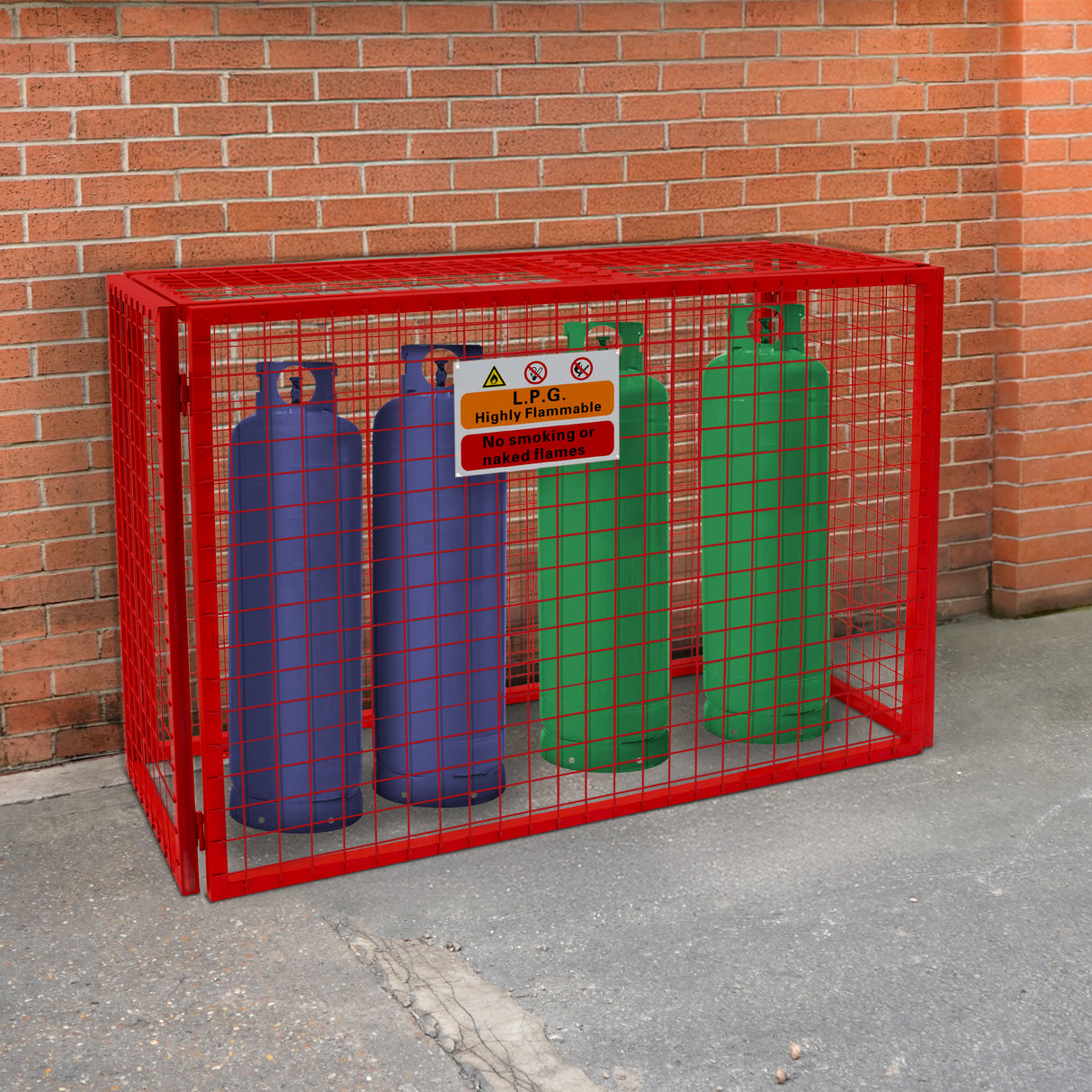 Zusammenklappbarer Drahtkäfig in leuchtendem Rot, umschließt drei Gasflaschen in Blau und Grün, ideal für sichere Lagerung und Schutz