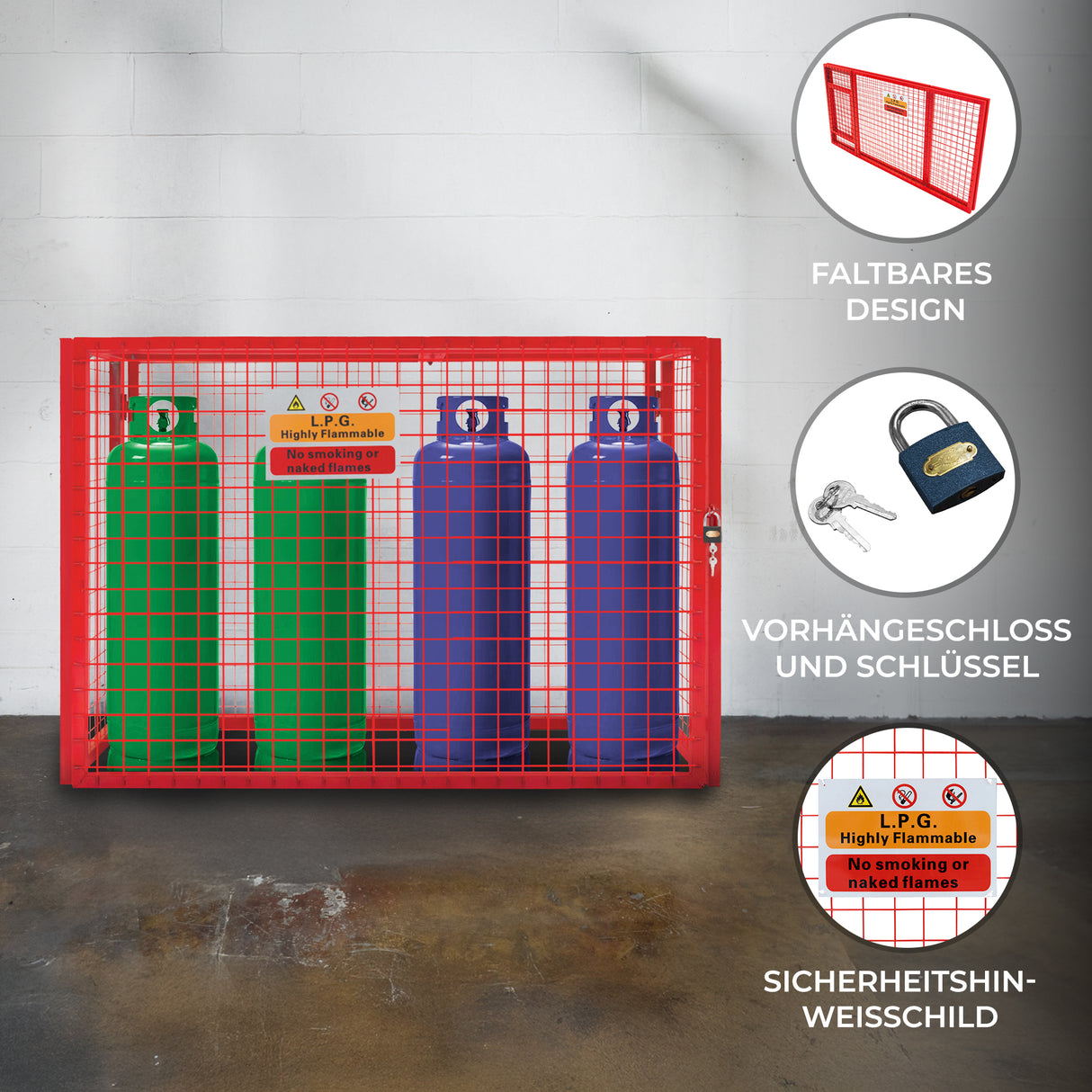 Zusammenklappbarer Drahtkäfig in leuchtendem Rot, mit drei Gasflaschen in Grün und Blau, ausgestattet mit Vorhängeschloss und Sicherheitshinweis