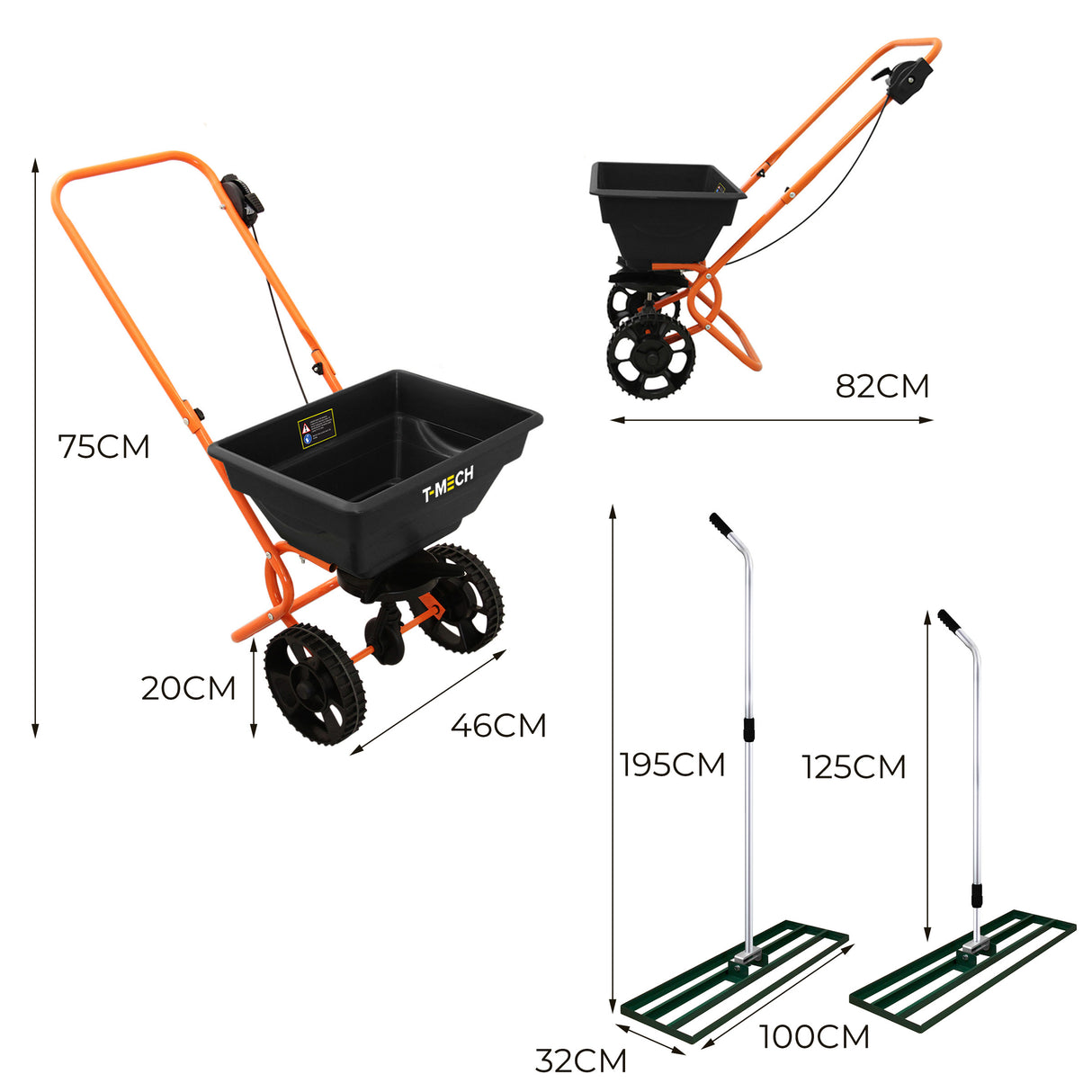 Rasennivellierer und Rotationsstreuer in Grün mit schwarzem Behälter, orangefarbenem Gestell, großen Rädern und ergonomischem Griff, ideal für Gartenarbeiten