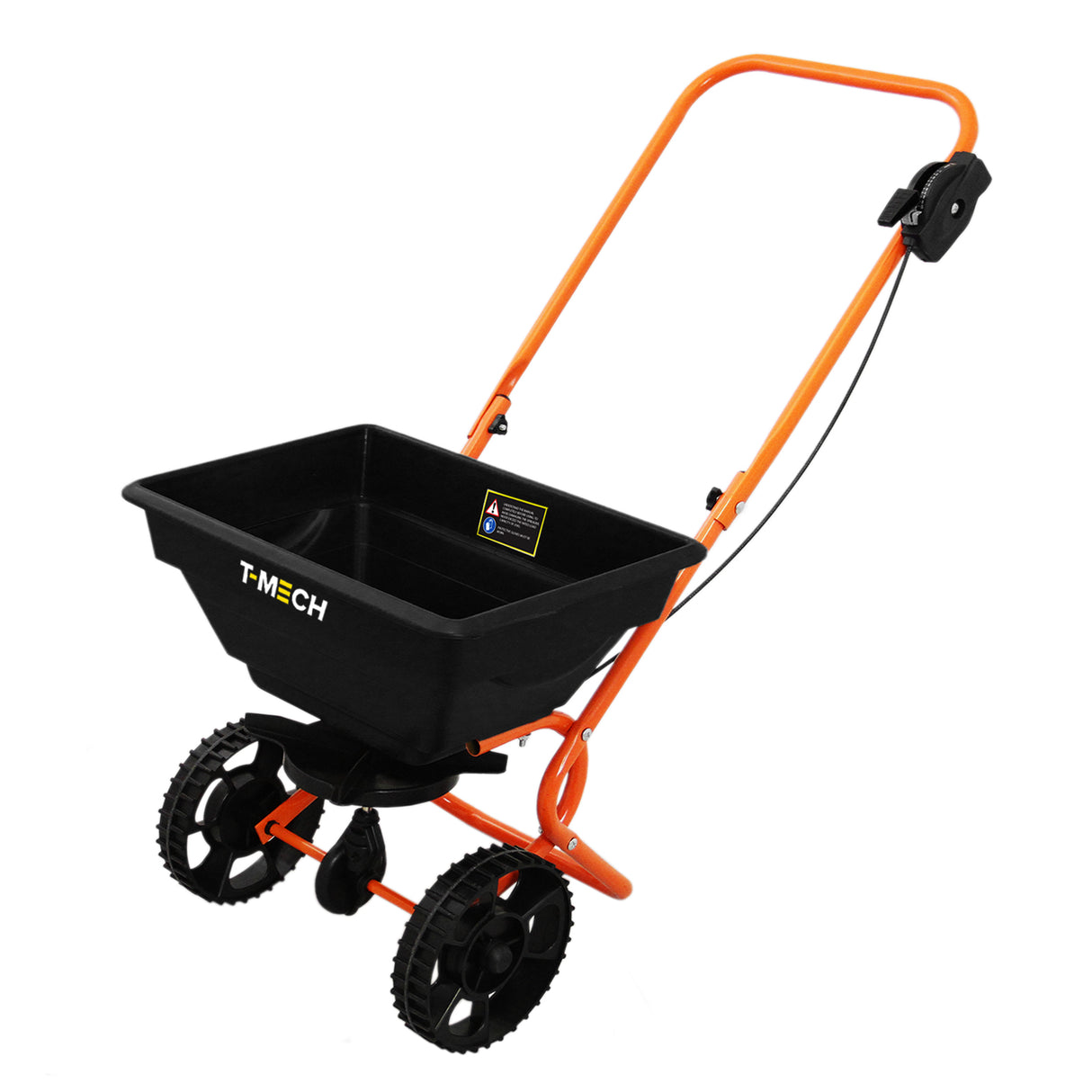 Rasennivellierer und Rotationsstreuer von T-Mech in Orange mit schwarzem Behälter, robusten Gummirädern und ergonomischem Griff für einfaches Handling