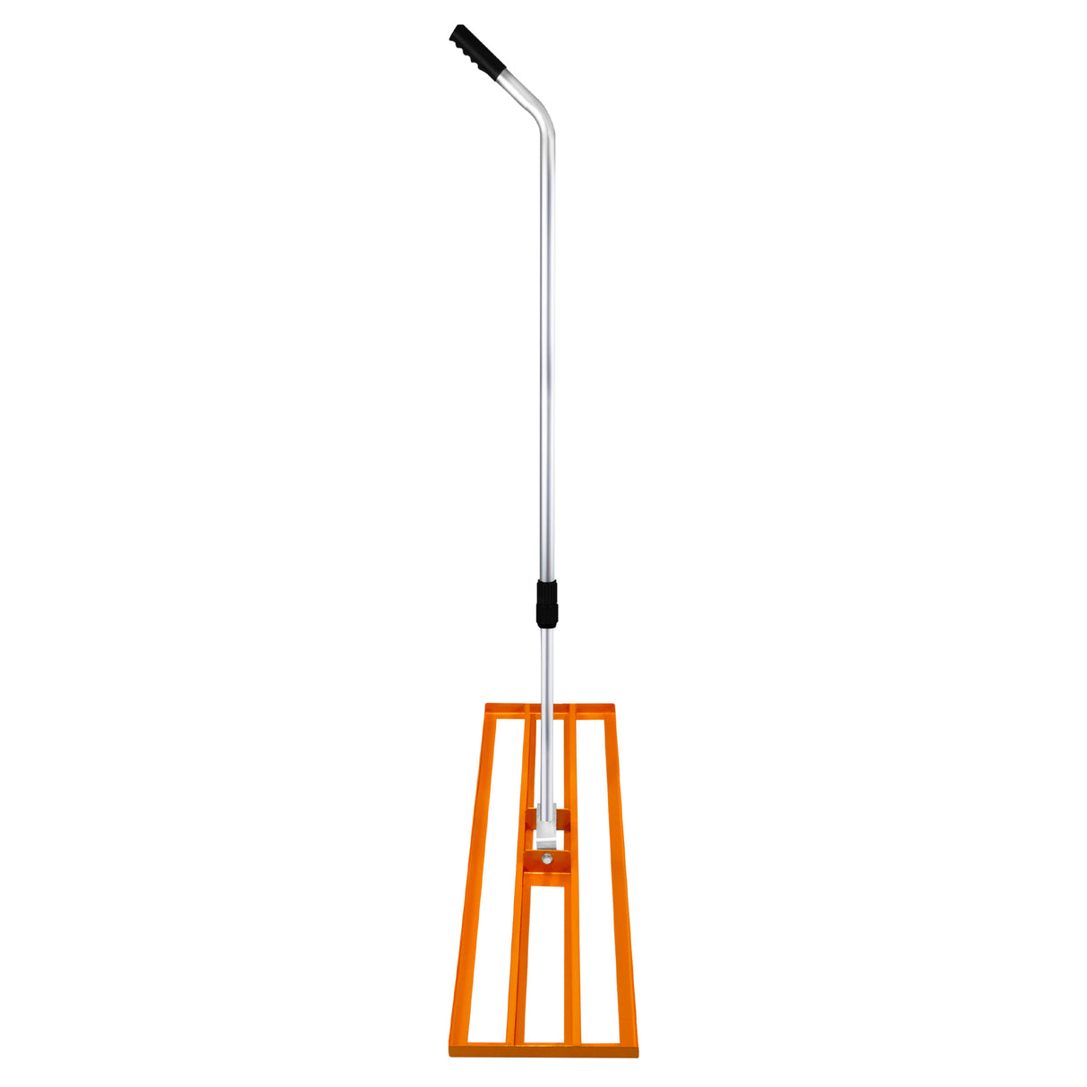 Rasennivellierer und Rotationsstreuer in leuchtendem Orange mit einem stabilen, metallischen Griff und einer breiten, rechteckigen Basis für effizientes Arbeiten