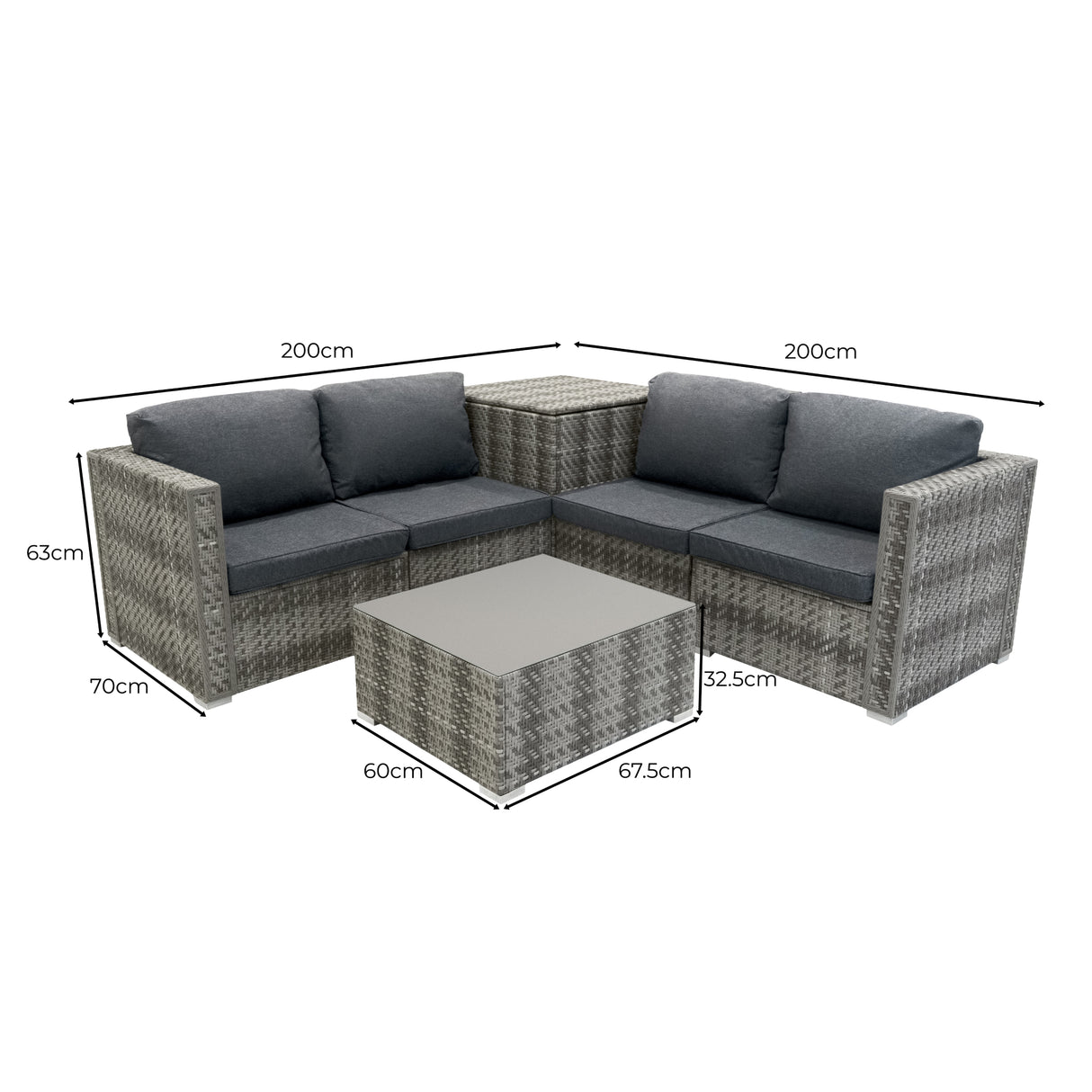 Rattan Modulares 6-teiliges Möbelset mit Aufbewahrungsbox 700L - Grau