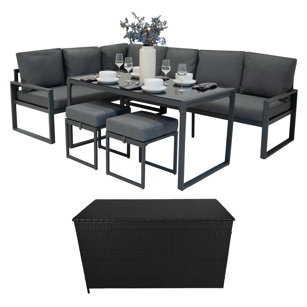 Aluminium 5-teiliges Ecksofa-Set mit schwarzer Rattan-Aufbewahrungsbox - Anthrazitgrau