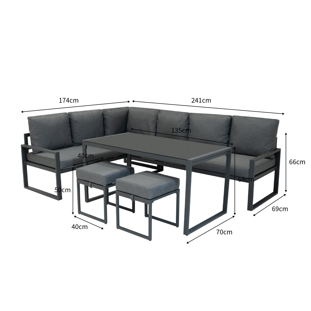 Aluminium 5-teiliges Ecksofa-Set mit schwarzer Rattan-Aufbewahrungsbox - Anthrazitgrau