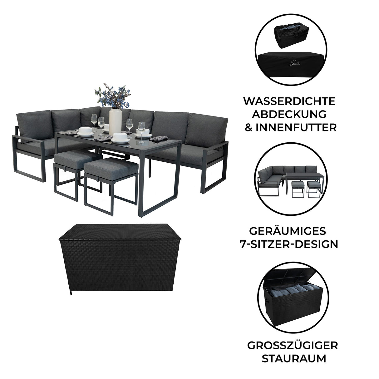 Aluminium 5-teiliges Ecksofa-Set mit schwarzer Rattan-Aufbewahrungsbox - Anthrazitgrau