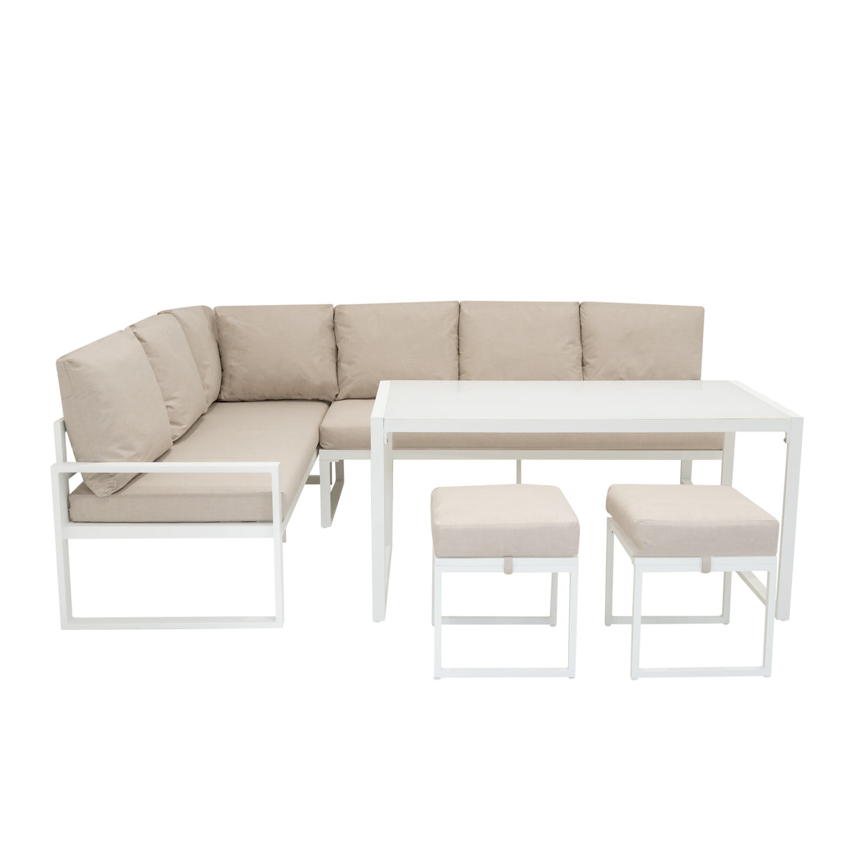 Aluminium 5-teiliges Ecksofa-Set mit schwarzer Rattan-Aufbewahrungsbox - Weiß