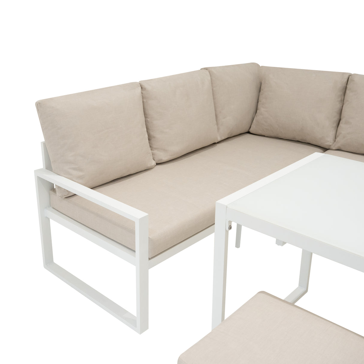 Aluminium 5-teiliges Ecksofa-Set mit schwarzer Rattan-Aufbewahrungsbox - Weiß
