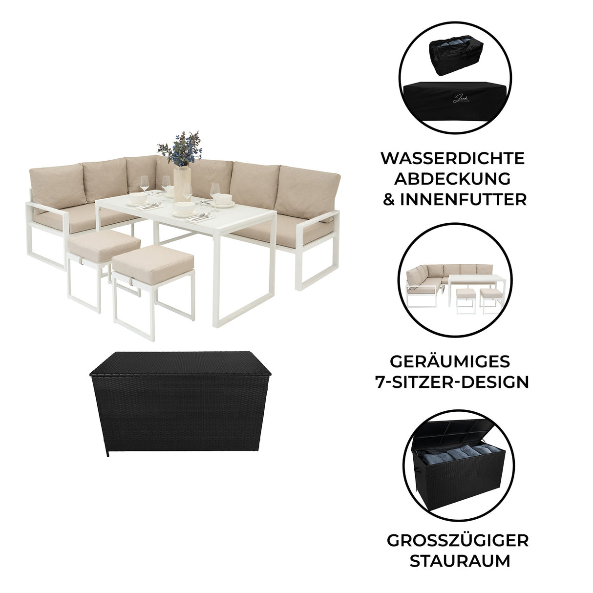 Aluminium 5-teiliges Ecksofa-Set mit schwarzer Rattan-Aufbewahrungsbox - Weiß