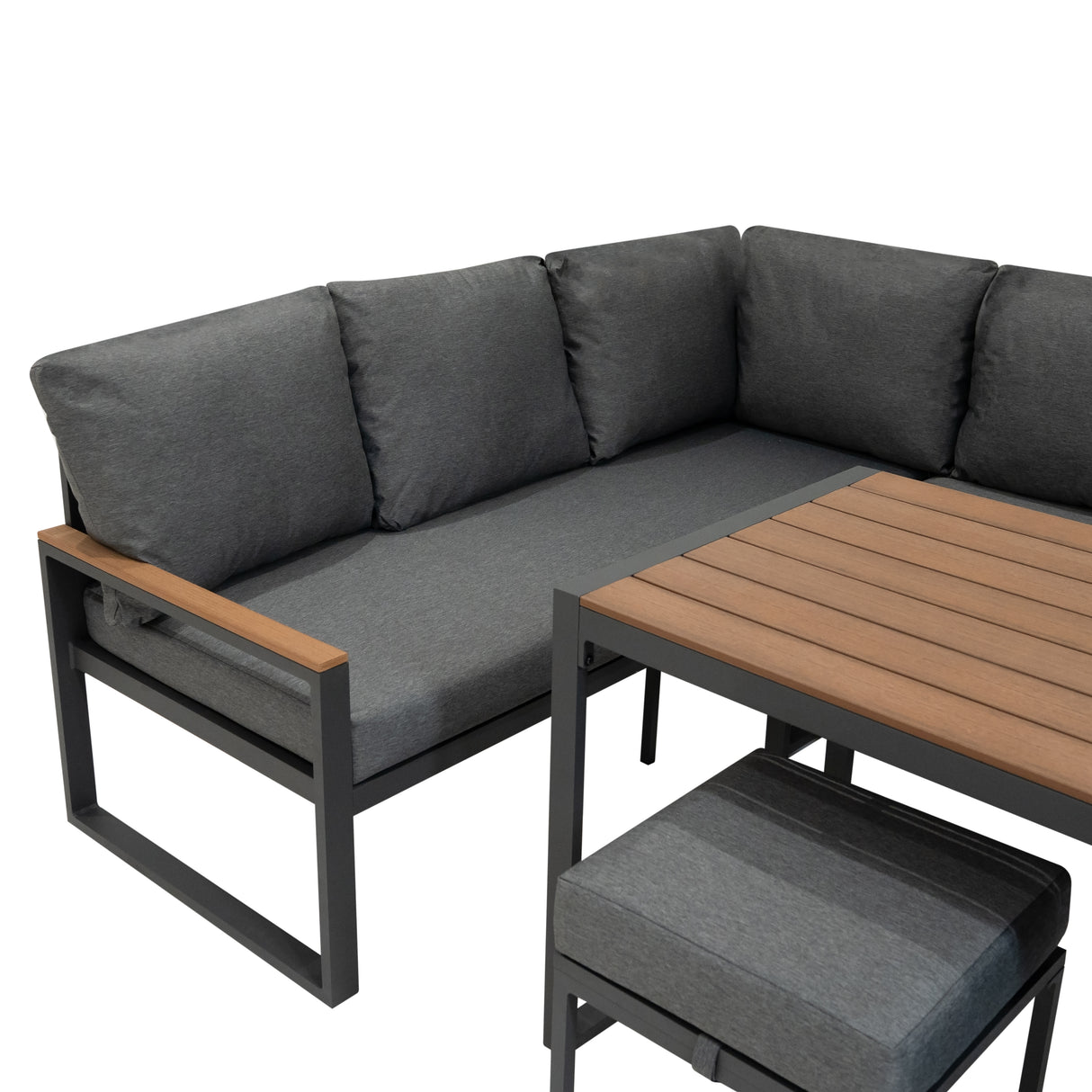 Aluminium 5-teiliges Ecksofa-Set mit schwarzer Rattan-Aufbewahrungsbox - Holz