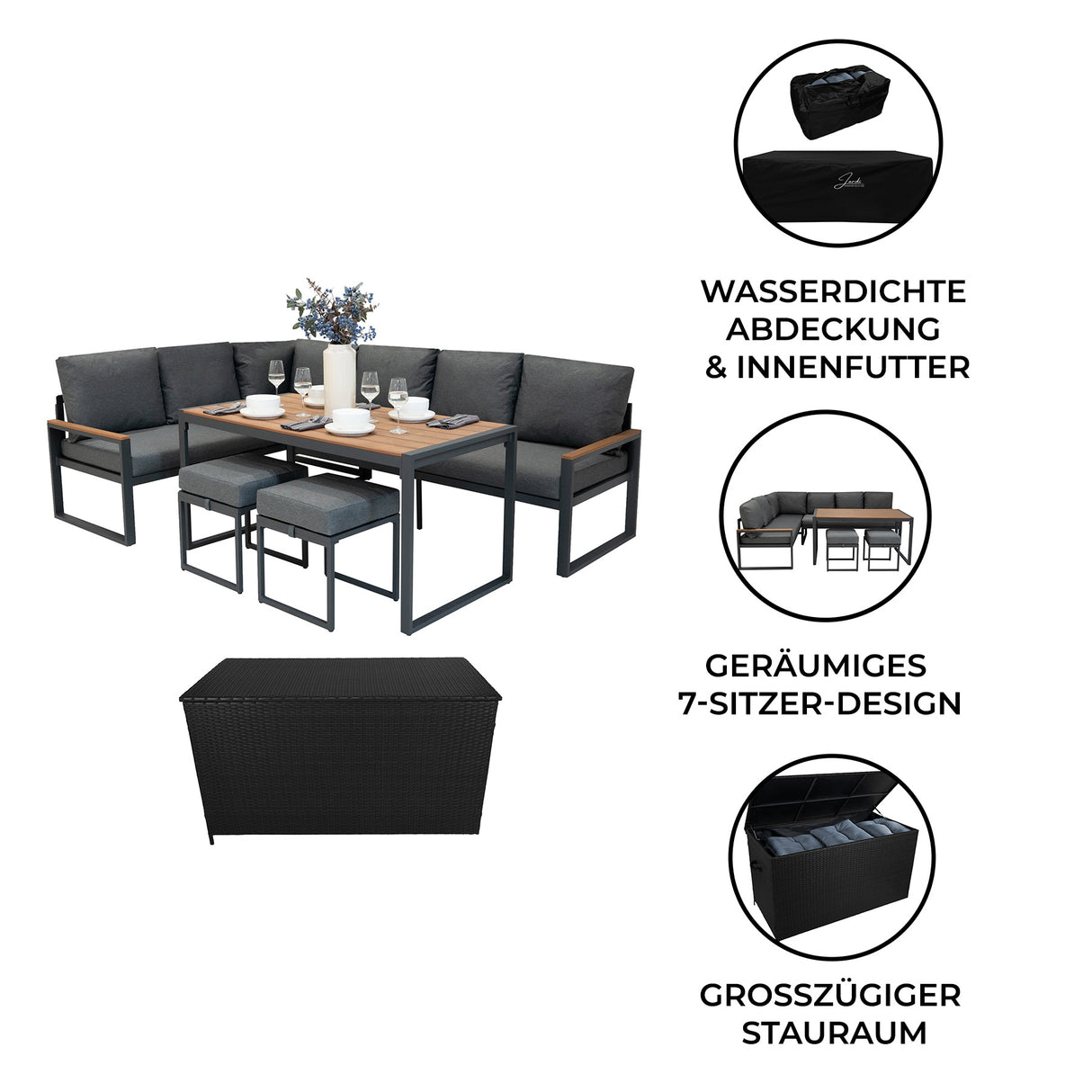 Aluminium 5-teiliges Ecksofa-Set mit schwarzer Rattan-Aufbewahrungsbox - Holz