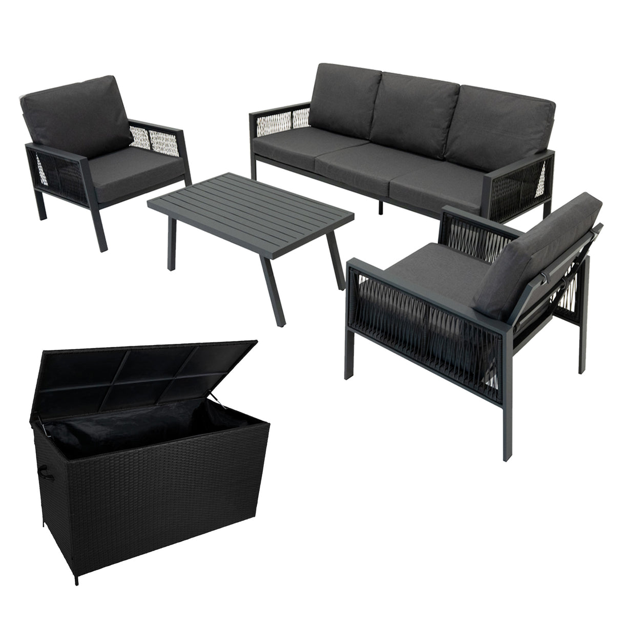 4-teilige Aluminium-Sofagarnitur mit schwarzer Rattan-Aufbewahrungsbox – Anthrazitgrau