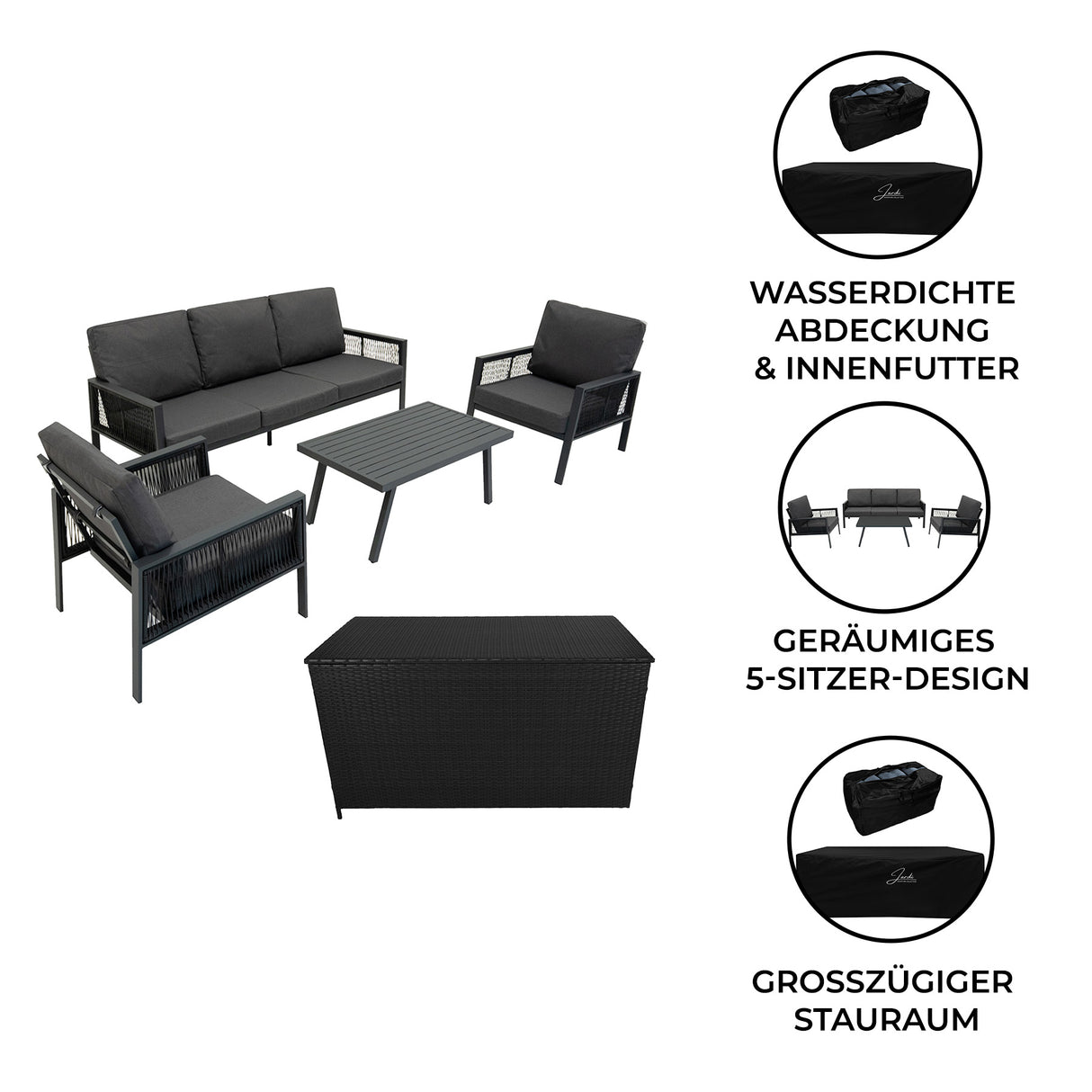 4-teilige Aluminium-Sofagarnitur mit schwarzer Rattan-Aufbewahrungsbox – Anthrazitgrau