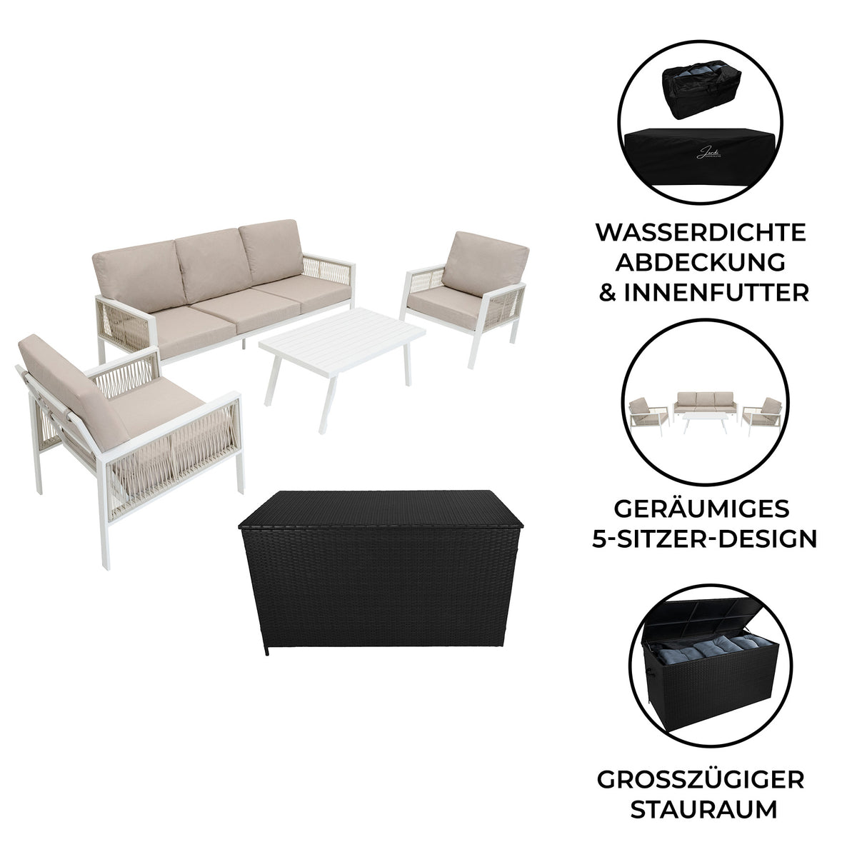 4-teilige Aluminium-Sofagarnitur mit schwarzer Rattan-Aufbewahrungsbox – Weiß