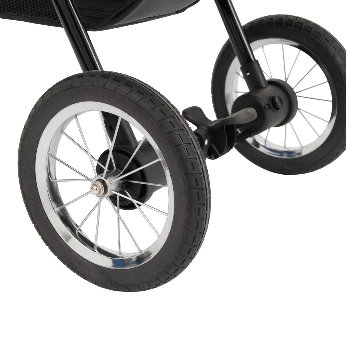 Schwarzer Haustier-Buggy mit robusten, gummierten Rädern und verchromten Felgen, ideal für komfortable Ausflüge mit Ihrem Haustier