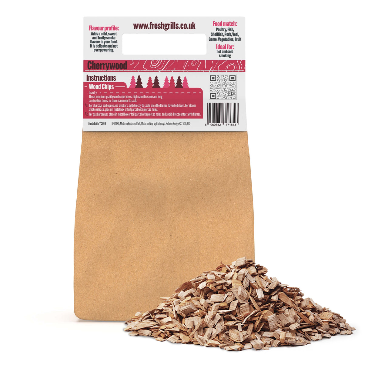Kirschholz-Holzchips in einer braunen Papiertüte, mit einer rauchigen, aromatischen Textur, ideal für das Grillen und Verfeinern von Speisen