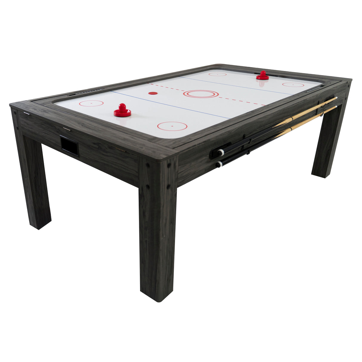 Grau 7-in-1 Spieltisch mit glatter Oberfläche, roten Spielfiguren und stabilen Holzbeinen, ideal für verschiedene Spiele und Freizeitaktivitäten