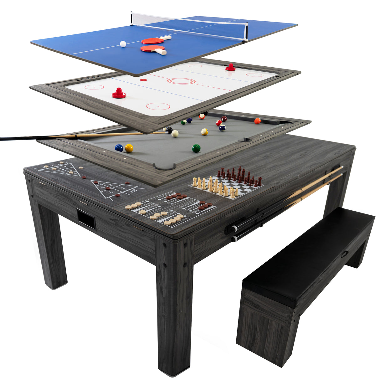 7-in-1 Spieltisch in Grau mit abnehmbaren Spieloberflächen für Tischtennis, Billard, Airhockey und mehr, kombiniert mit einer praktischen Sitzbank