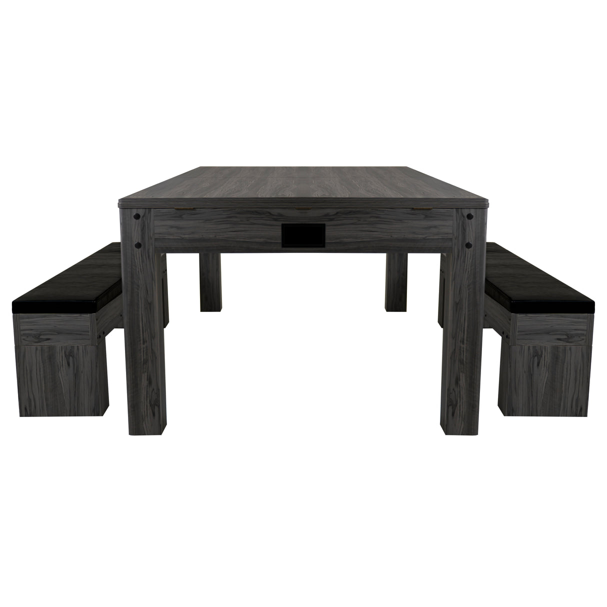 Grau 7-in-1 Spieltisch mit zwei schwarzen Sitzbänken, die Stauraum bieten, aus robustem Holz mit einer glatten, strukturierten Oberfläche