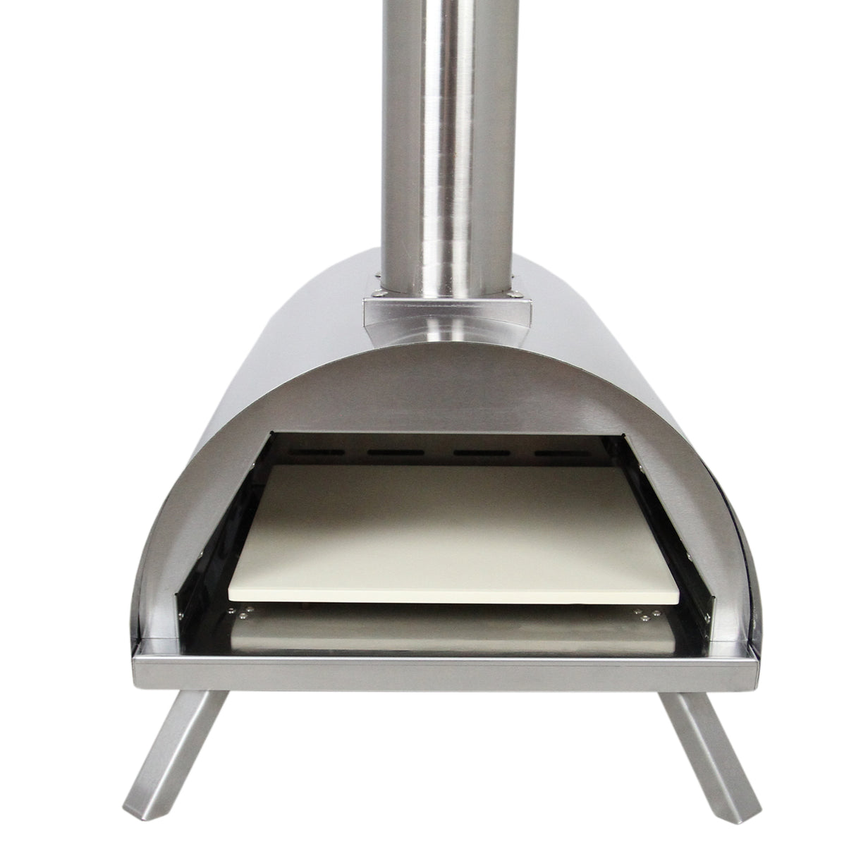 Tisch-Pizzaofen in anthrazitgrau mit glänzender Edelstahloberfläche, runder Form und robustem Stand, ideal für Gartenpartys und Outdoor-Küche